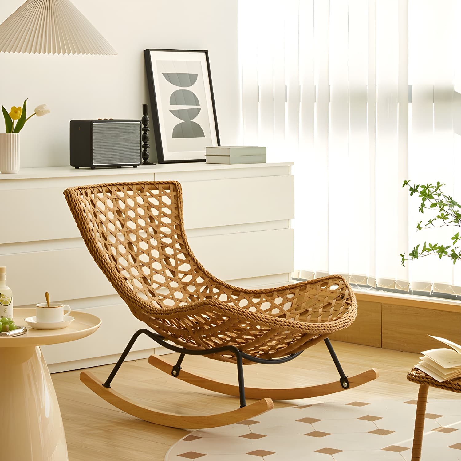 Rattan Brown Frame Rocking Chair Solid Wood Armless for Outdoor - image 6