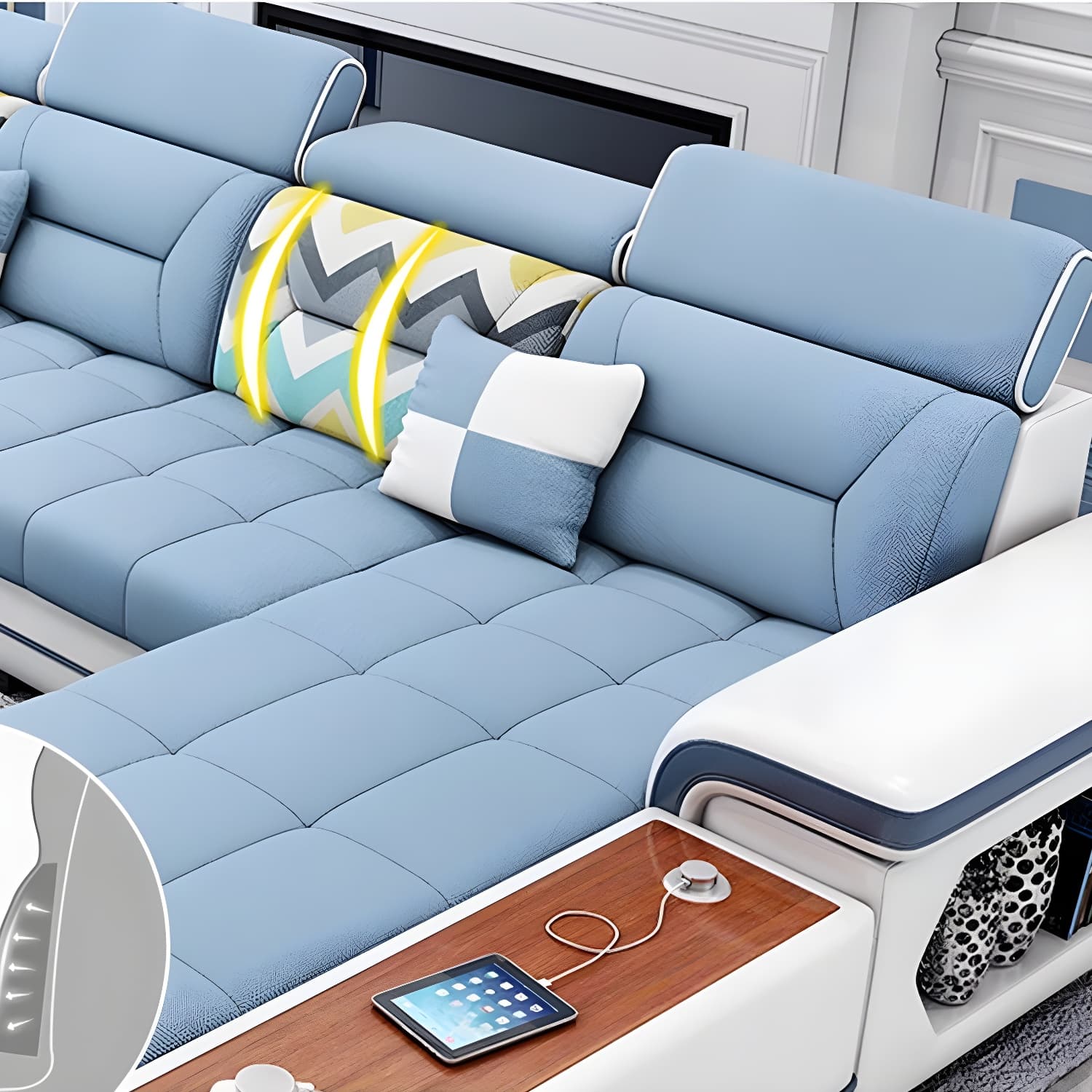 Scandinavian Blue Sectional Sofa with Wood Frame, Cushion Back, and Storage Included with Shelves - image 9