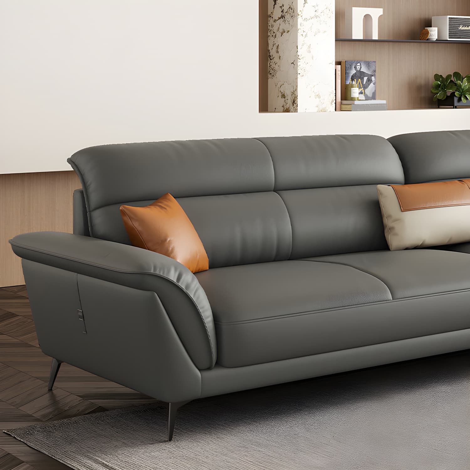 Modern Gray Leather Sectional Sofa with Flared Arms and Storage Not Included - image 7