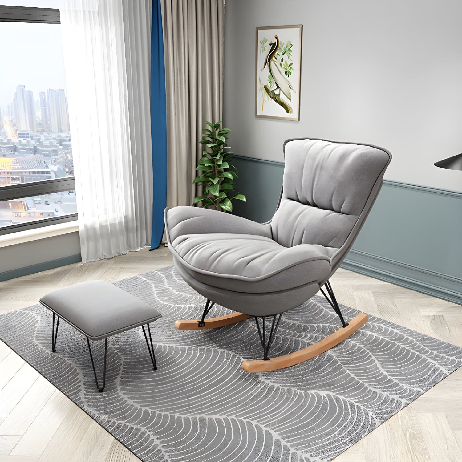 Stylish Modern Indoor Rocking Chair with Ottoman - Upholstered Seat and Natural Wood Legs - image 3