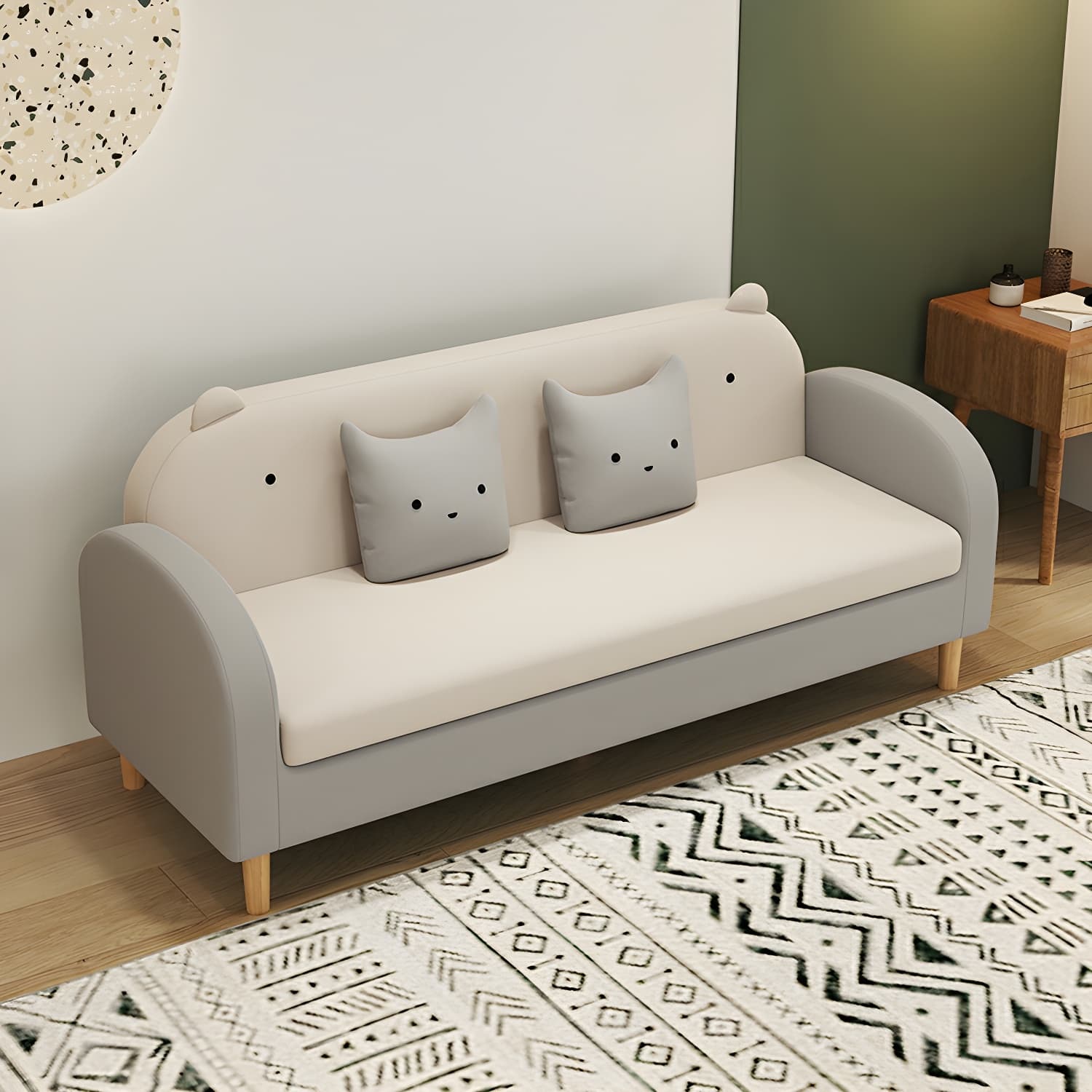 Art Deco Natural Wood Finish Framed Sofa Couch with Recessed Arm, Slipcover and 2 Pillows - image 13
