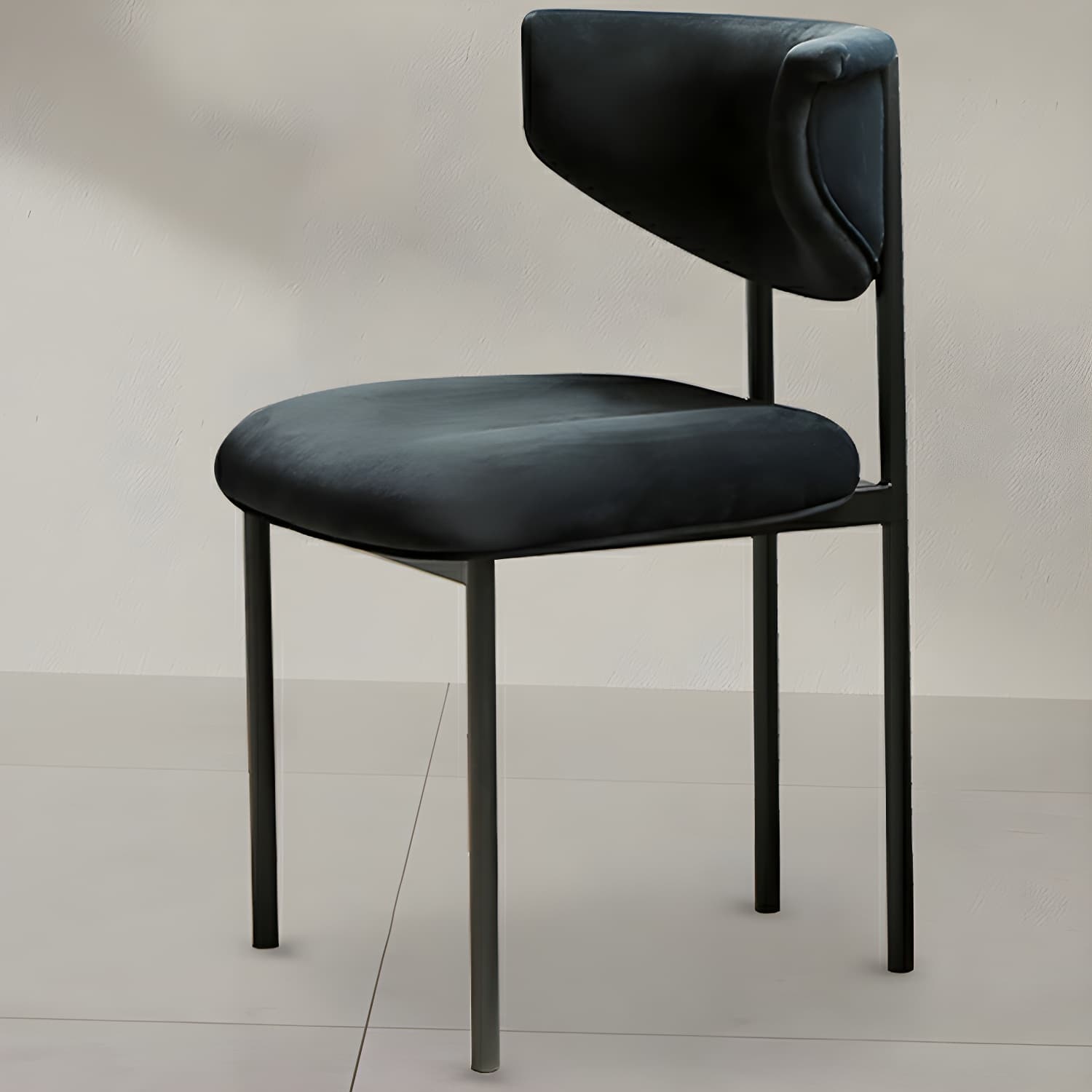 Modern Upholstered Side Chair with Black Metal Legs and Low Back