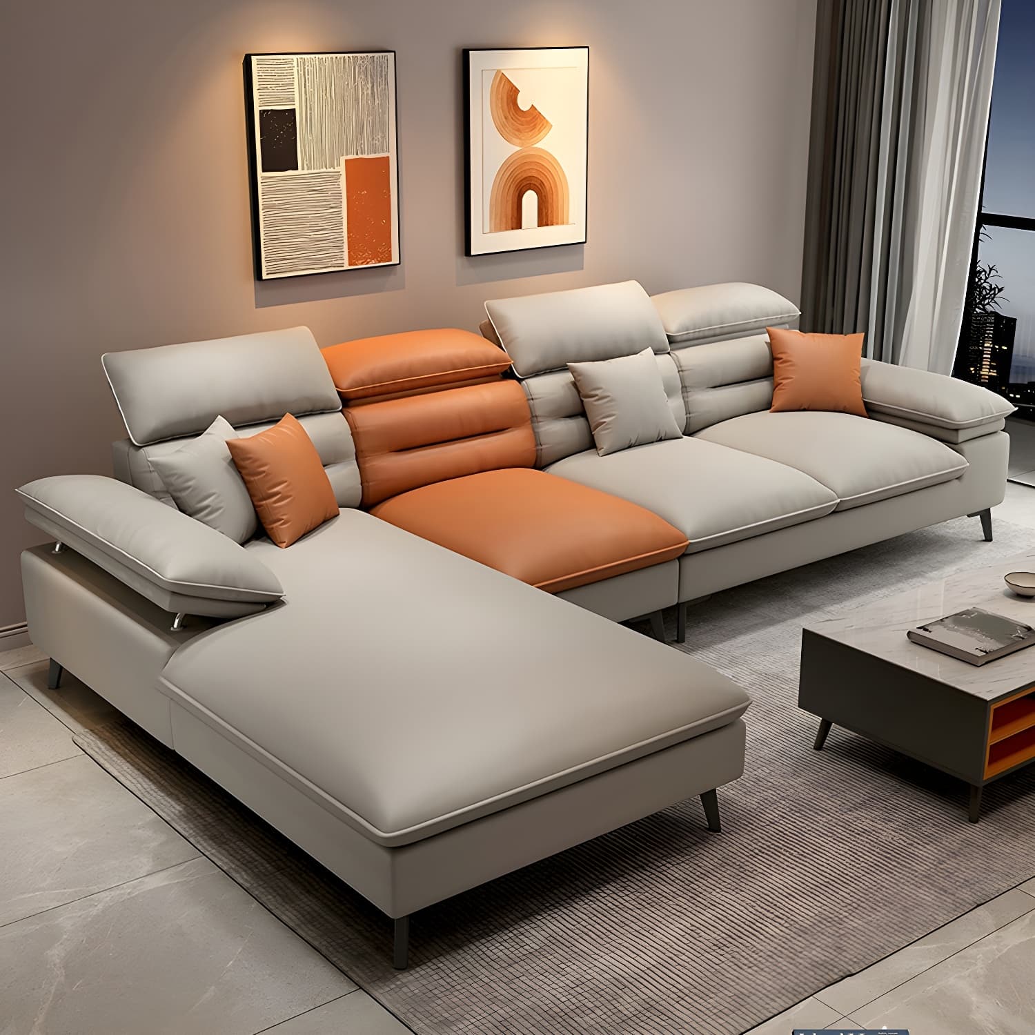 Modern L-Shape Sofa Chaise in Tech Cloth with Stationary Design and 3 Piece Set