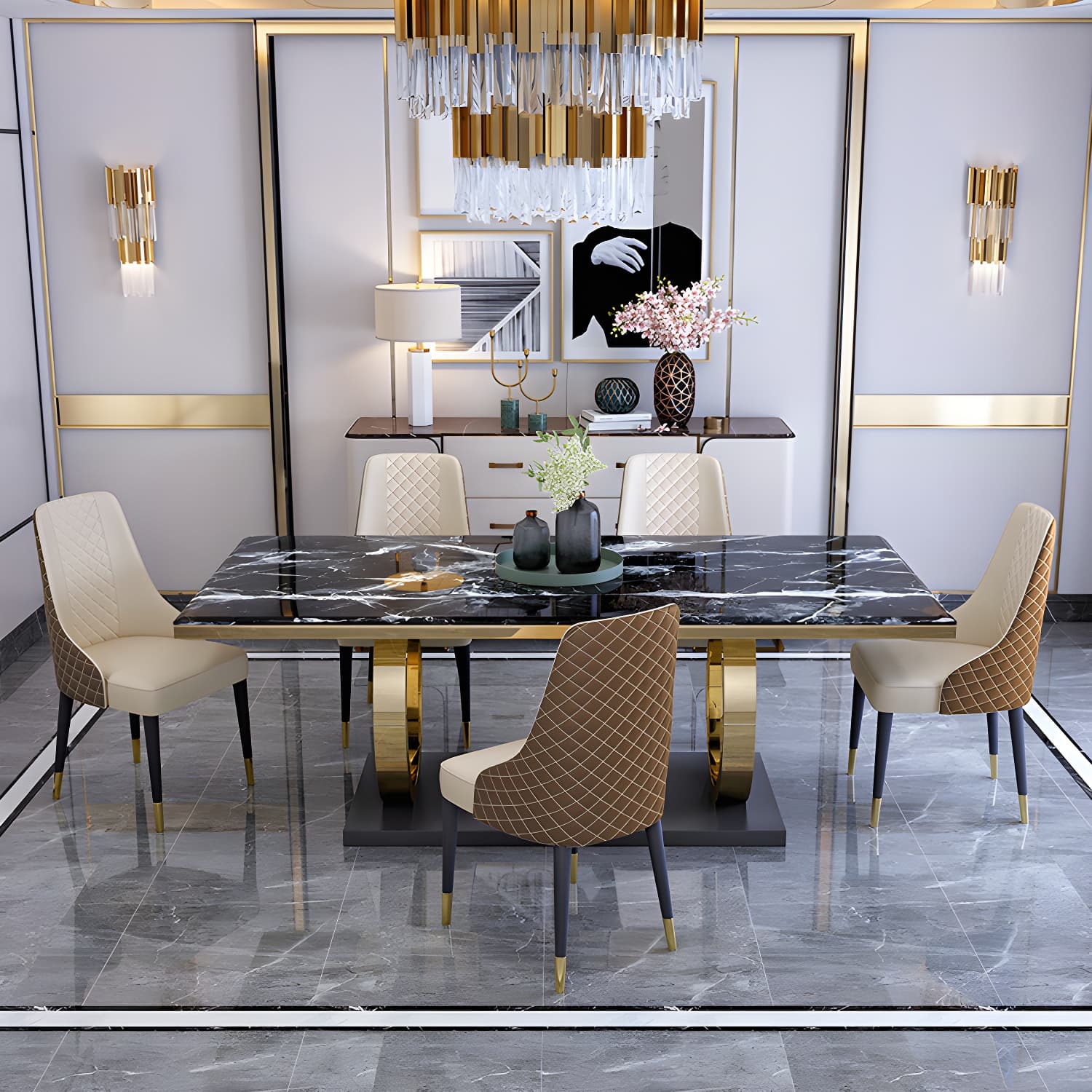 Modern 1/4/5/6/7 Pieces Black Dining Table Set with Marble Top Rectangle Dinette Set - image 9