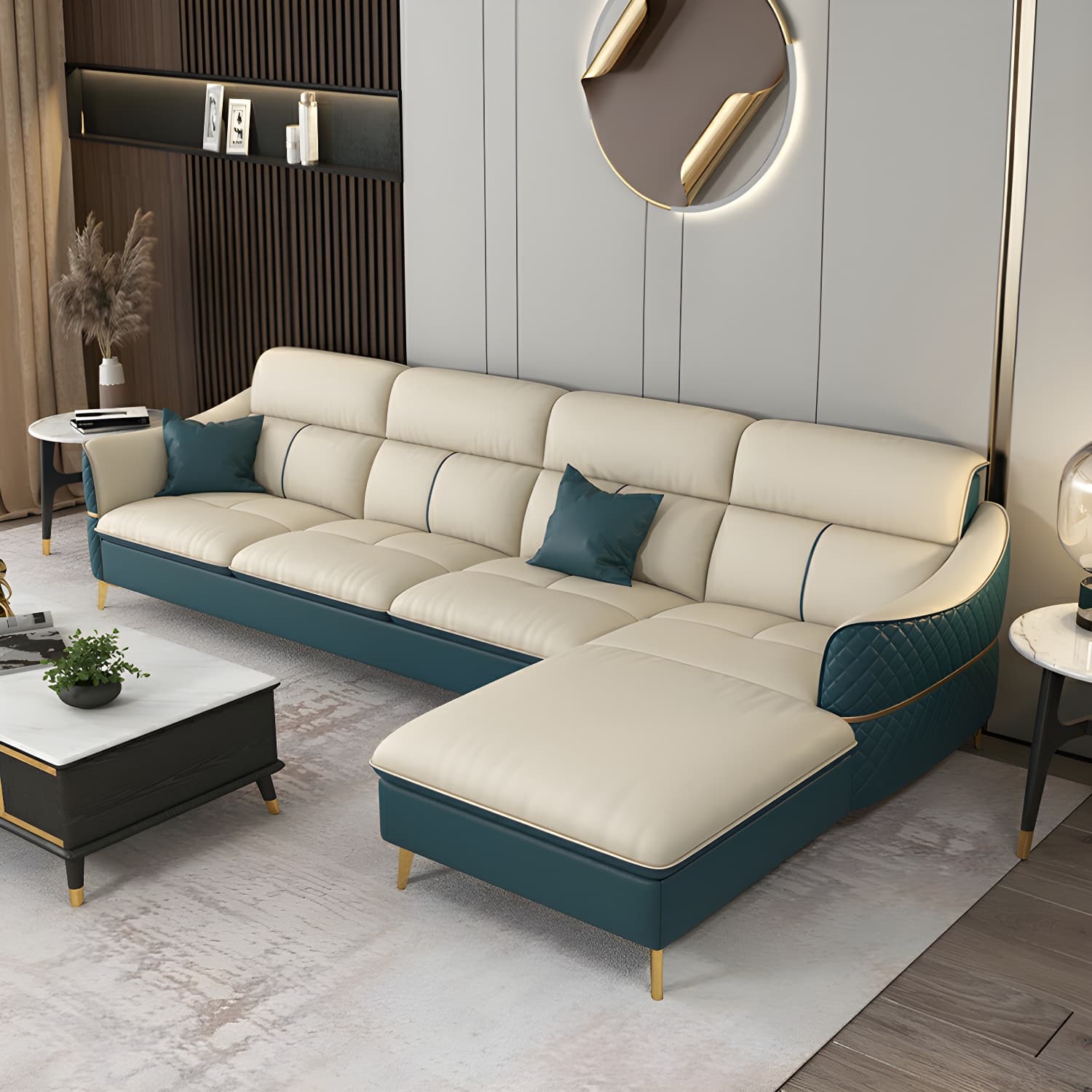 Modern Beige Leather Stationary Sectional Sofa with Cushion Back