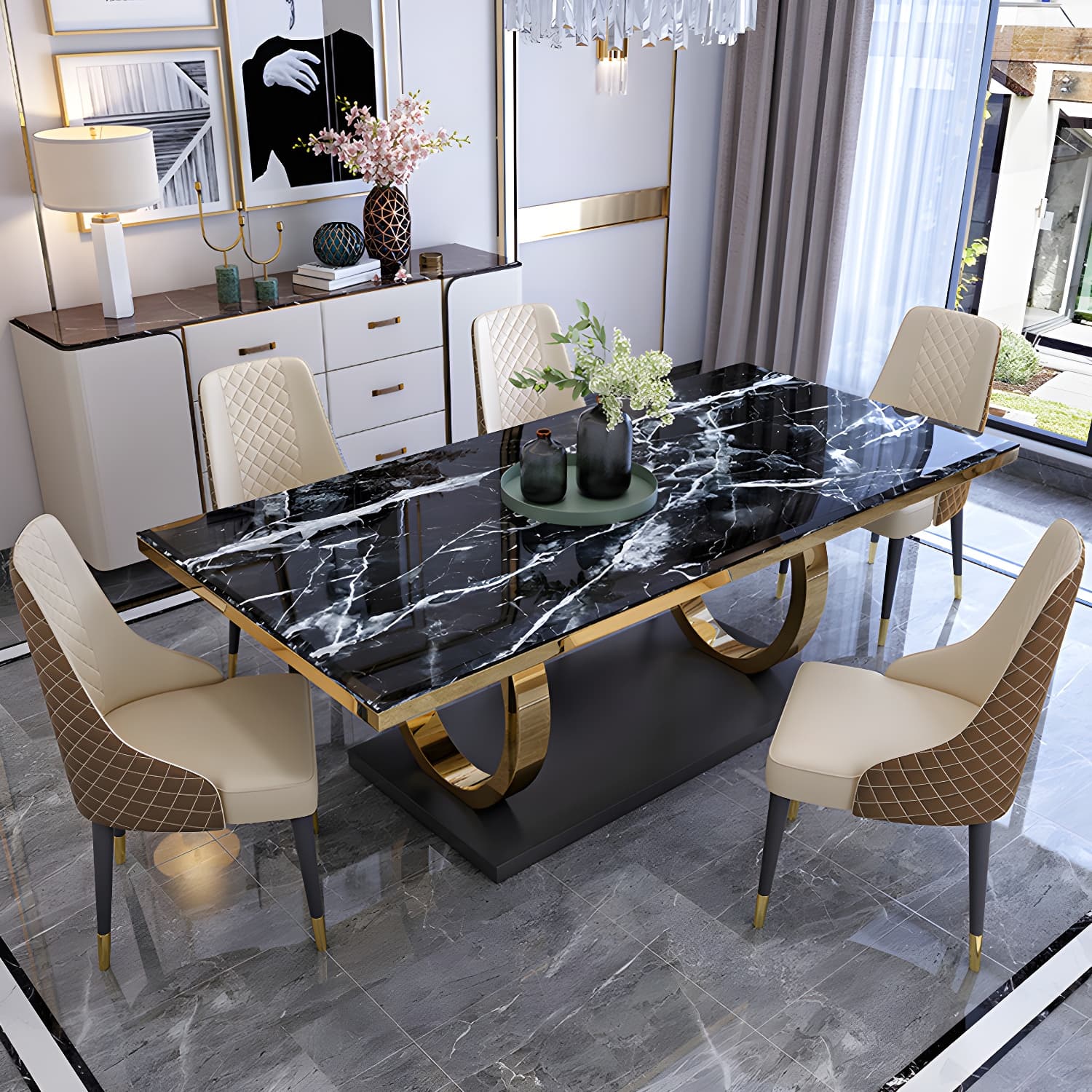 Modern 1/4/5/6/7 Pieces Black Dining Table Set with Marble Top Rectangle Dinette Set