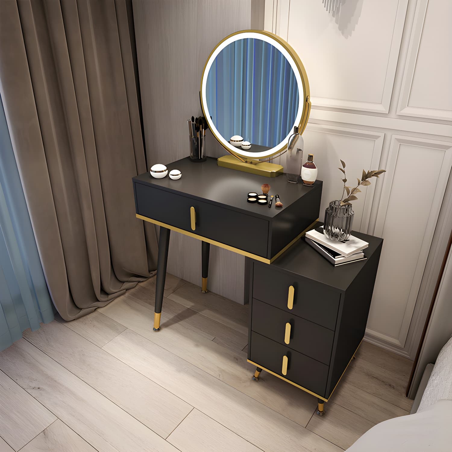 Contemporary Make-up Vanity with Wooden Top and Drawers for Bedroom