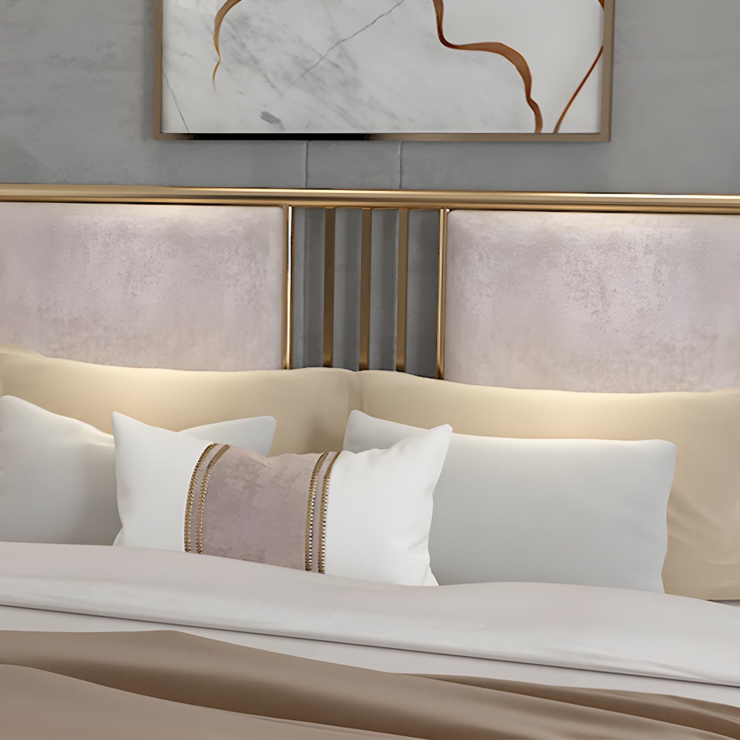 Glam Metallic Open-Frame Bed with Fabric Upholstered Headboard - image 6