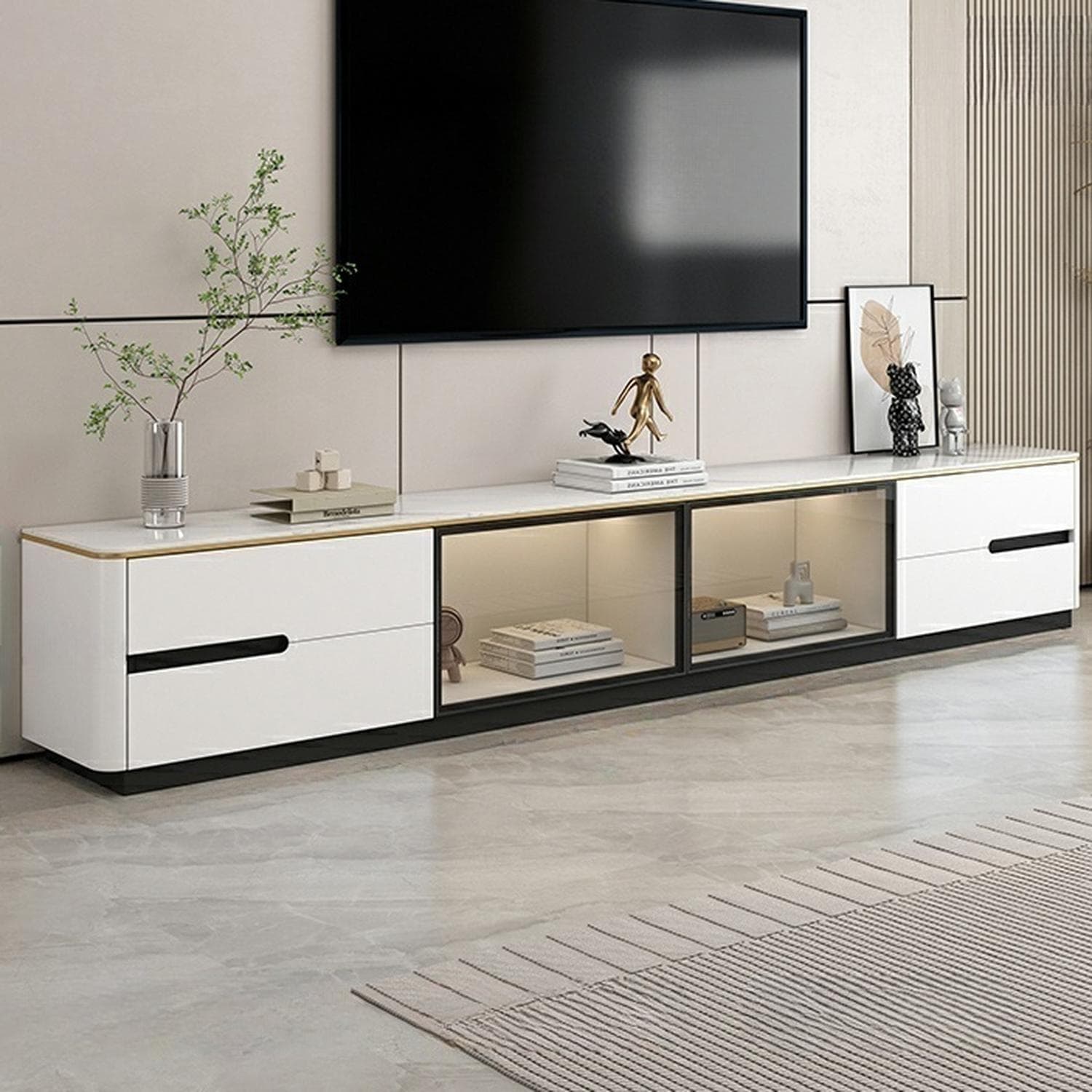 Modern Stone TV Stand with Drawers and Cabinet Low Profile Cable Management Fully Assembly Required - image 3