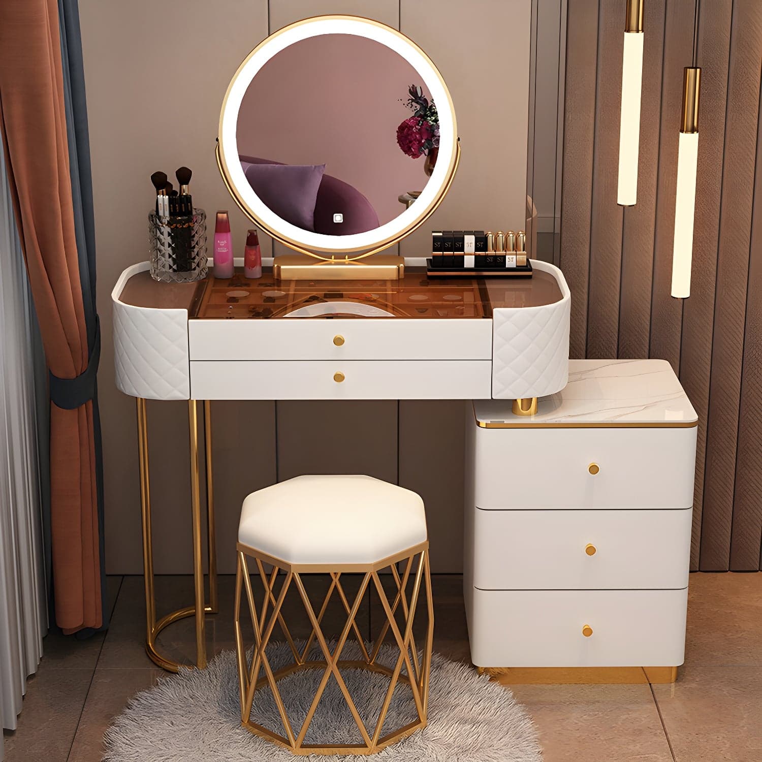 Lighted Mirror & Jewelry Makeup Vanity Metal Dressing Table Stool Set - image 5