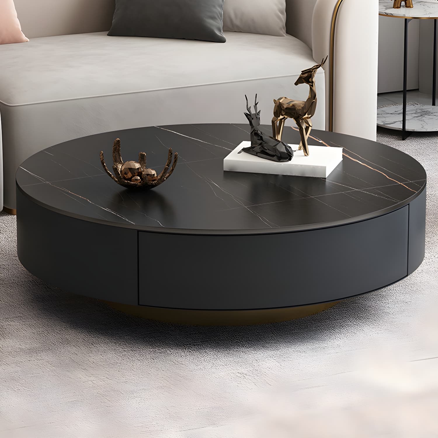 Elegant Gold Metal Drum Coffee Table with Stone Top and Storage Drawers - image 6