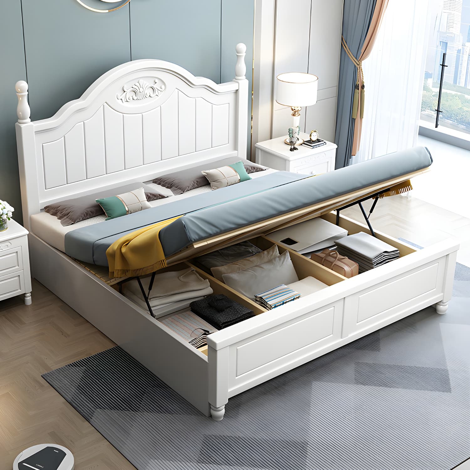 French Country Bed 83.46" Long Bed with Arched Headboard in White - image 10