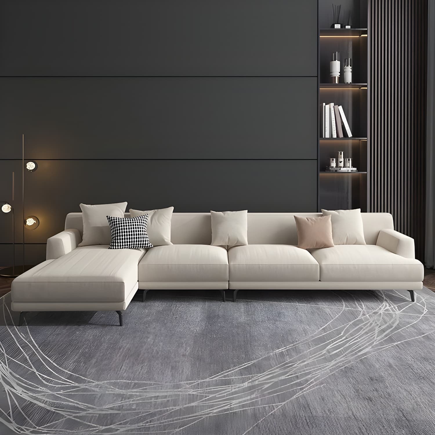 Modern Beige Cotton and Linen Sectional Sofa with Pine Wood Frame