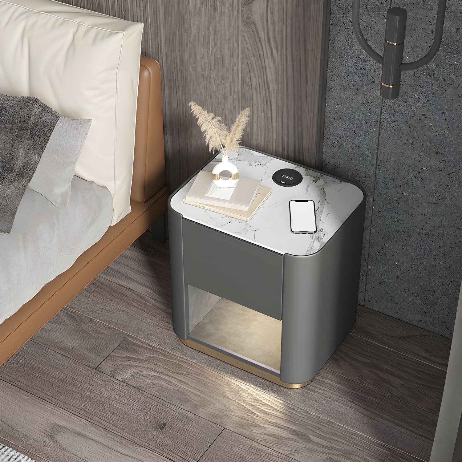 Contemporary Stone Top 1-Drawer, 1 Shelf Nightstand 21.65" Tall Nightstand
