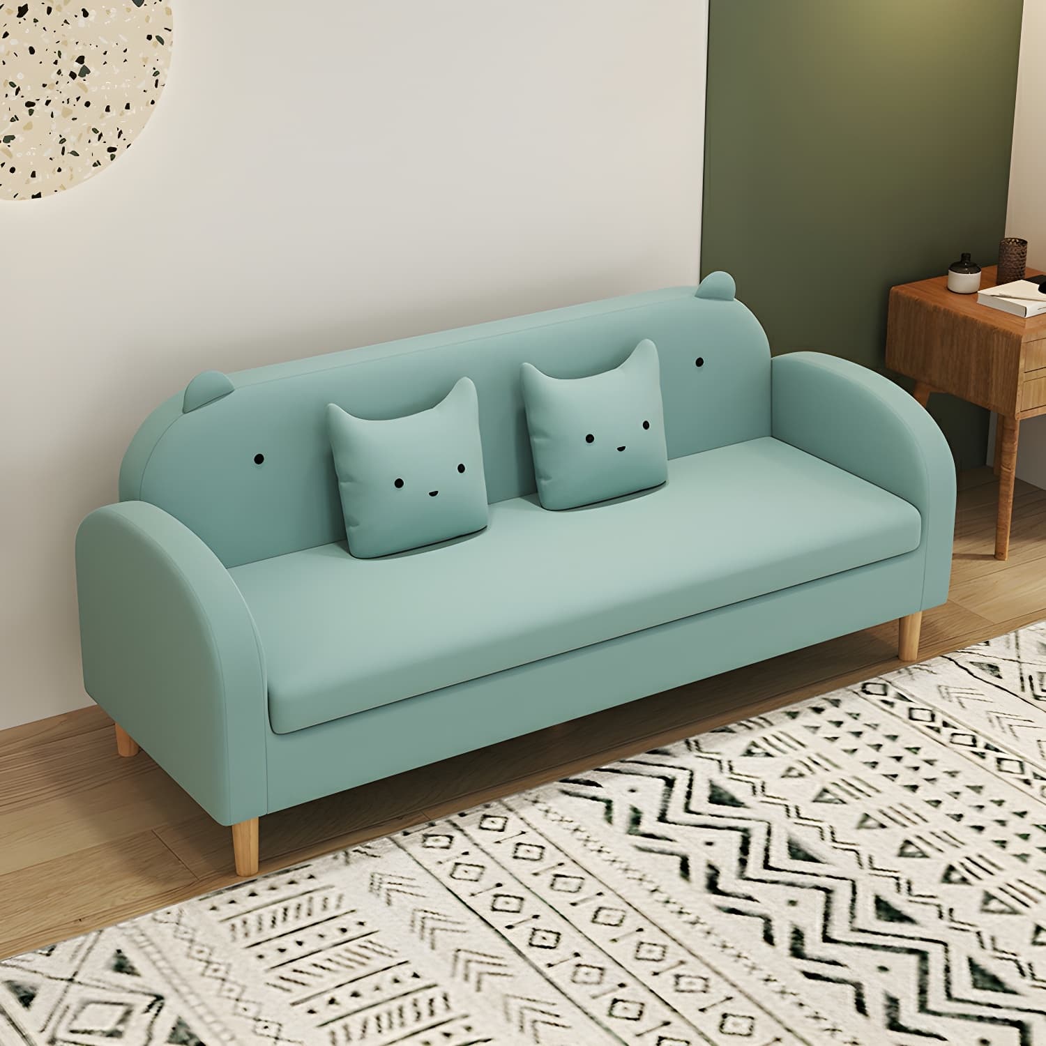 Art Deco Natural Wood Finish Framed Sofa Couch with Recessed Arm, Slipcover and 2 Pillows - image 15