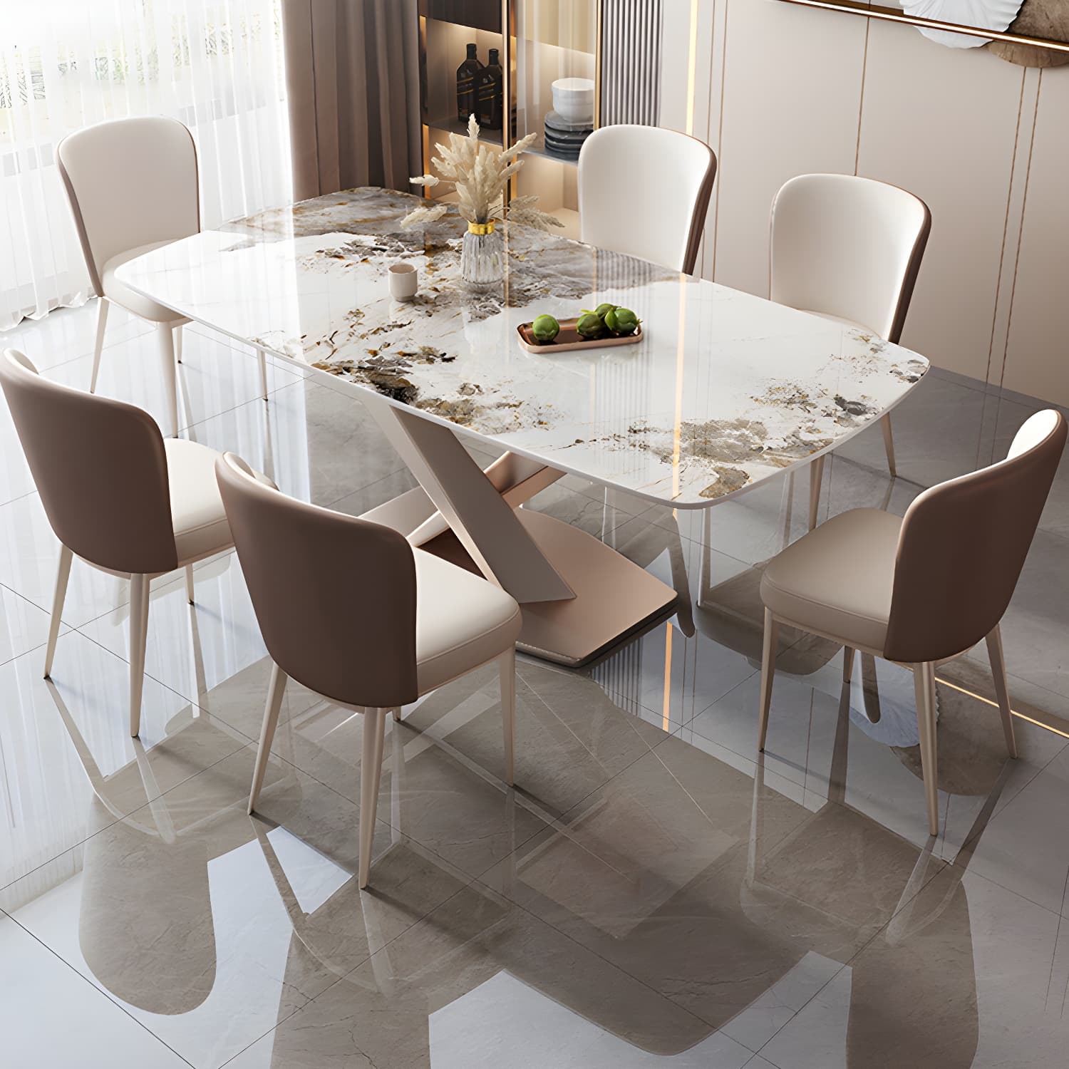 Modern Metal Dining Table in White with Pedestal Base and Violet Accents - image 3