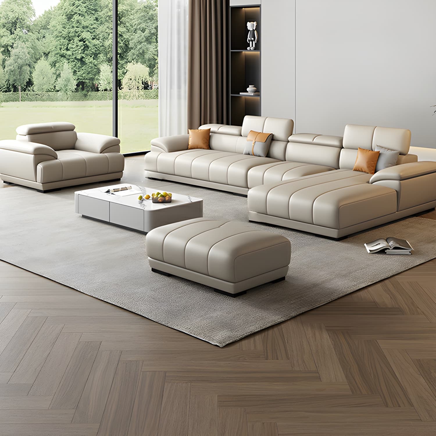 Elegant Beige Scandinavian Leather Sectional with Adjustable Headrests