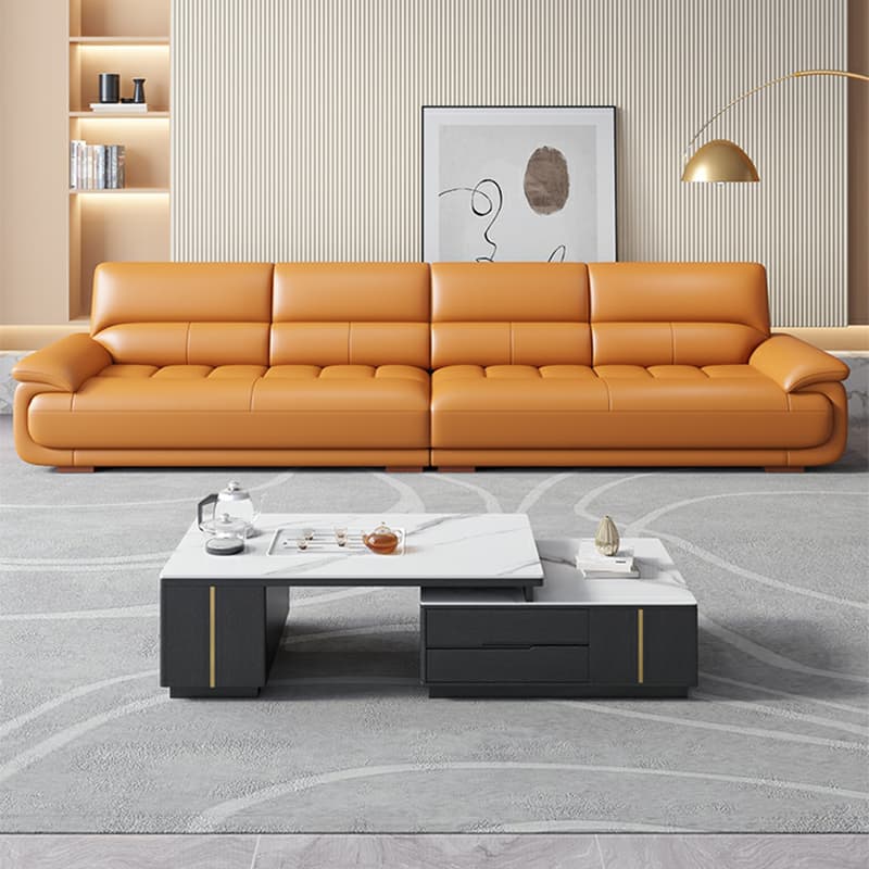 Modern Orange Genuine Leather Sectional Sofa with Wood Frame and Pillow Top Arms