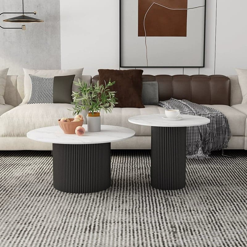 Modern Round Stone Top Coffee Table with Sturdy Metal Pedestal Base in Standard Height - image 5