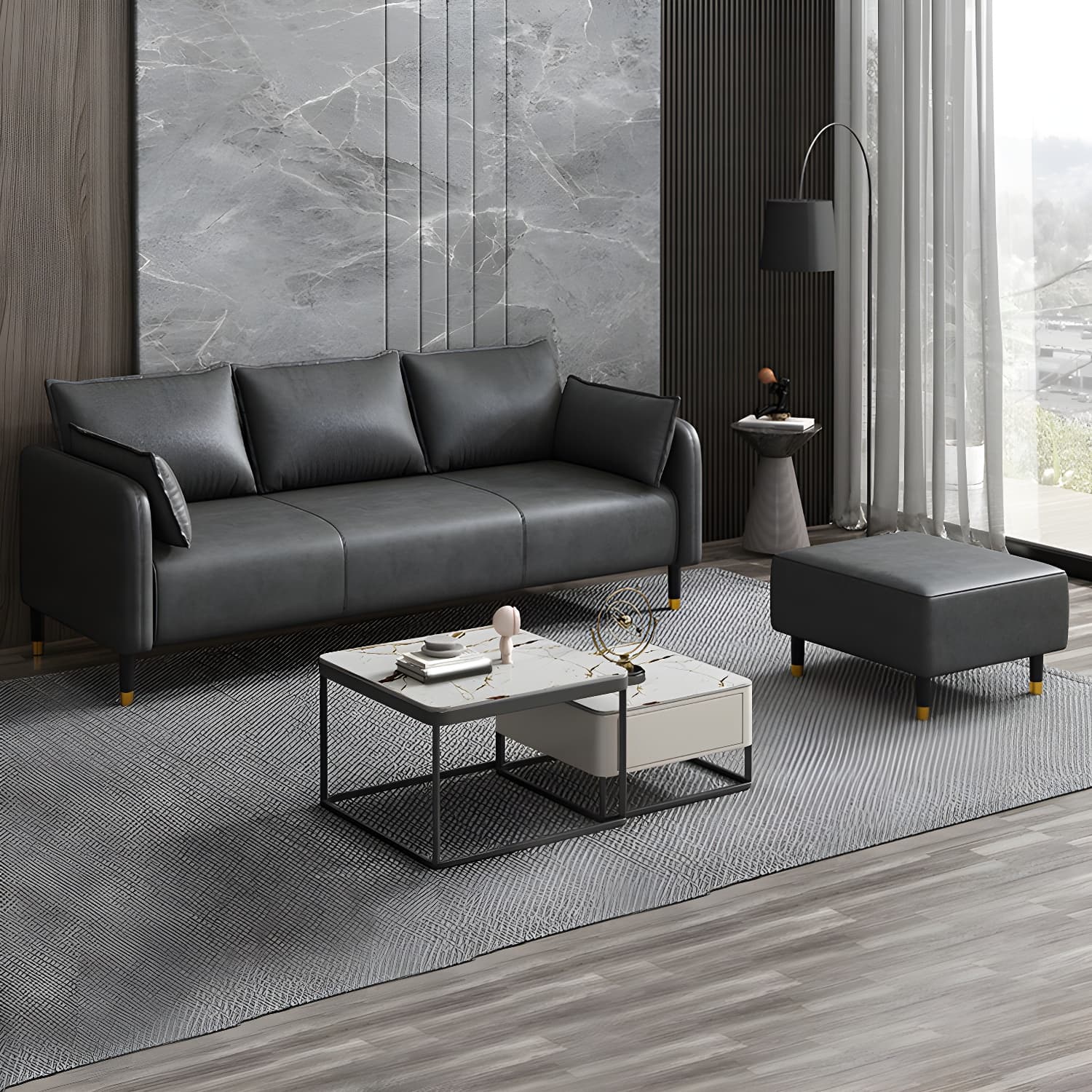 Modern 2-seat Sofa Faux Leather Tuxedo Arm Sofa with 2 Pillows - image 14