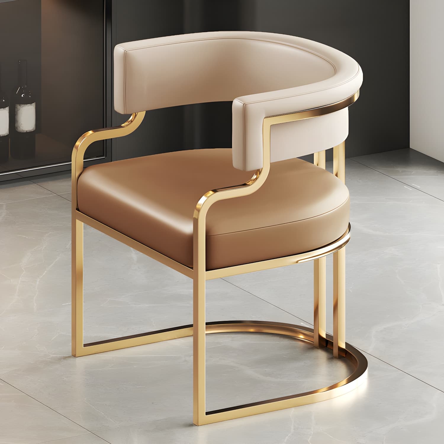 Upholstered Low-Back Arm Chair with Faux Leather and Brass/Gold Legs in Glam Style - image 8