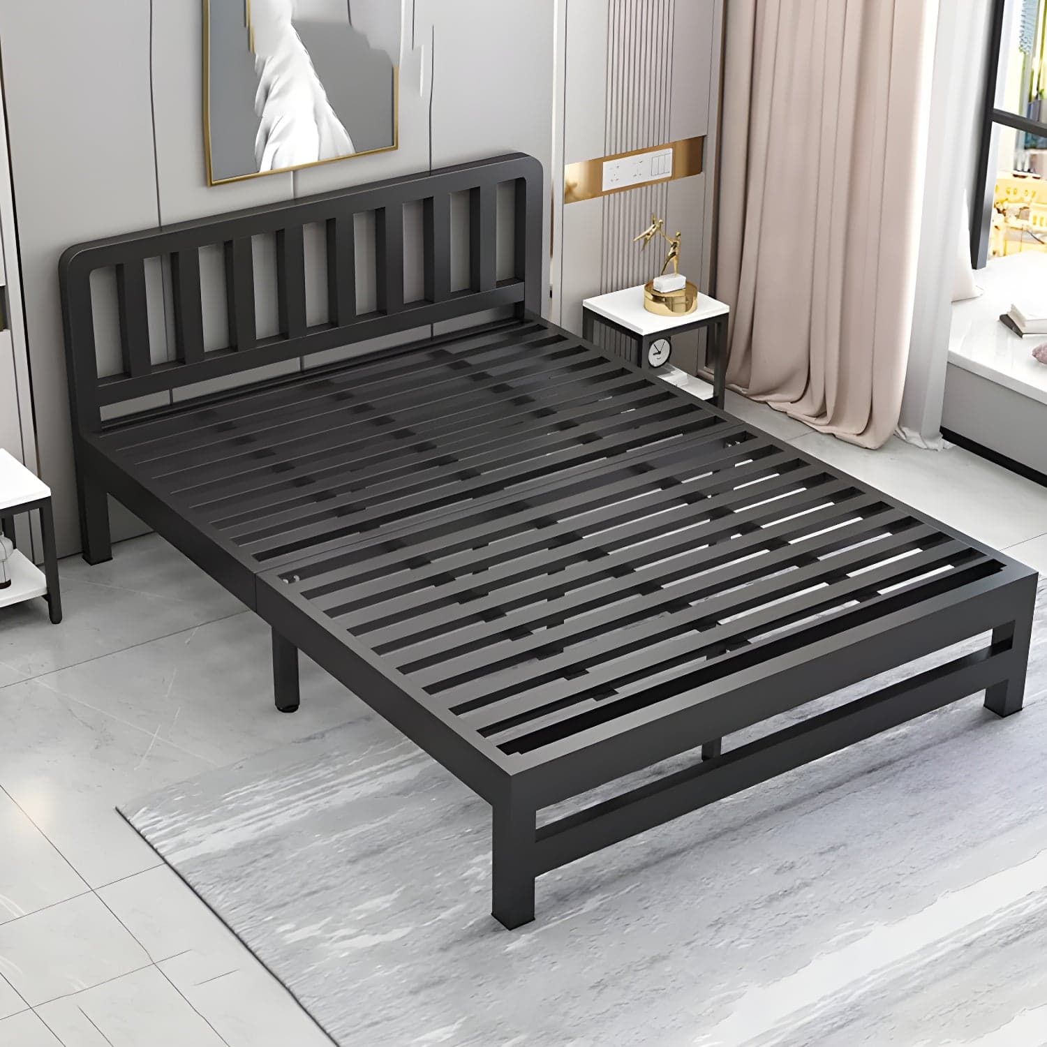 Contemporary Metal Bed Frame Solid Color Slat Bed with Custom Gold Legs
