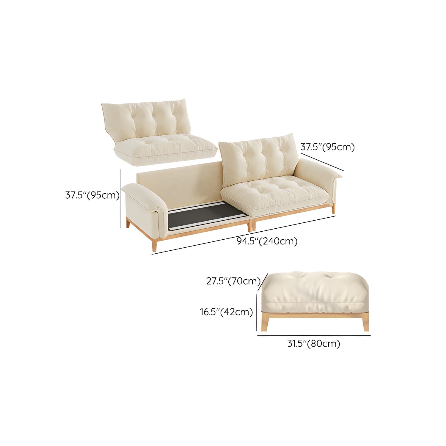 Beige Scandinavian Tufted Sectional Sofa with Wood Frame and Pillow Top Arm - image 20