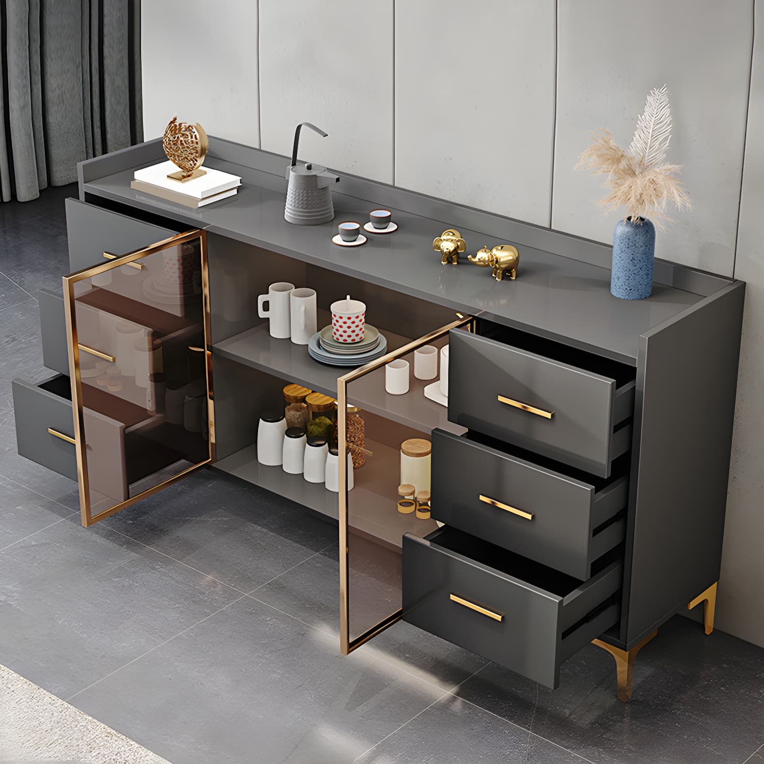 Wood Buffet Table Glam Style Side Board with Cabinets and Drawers - image 14