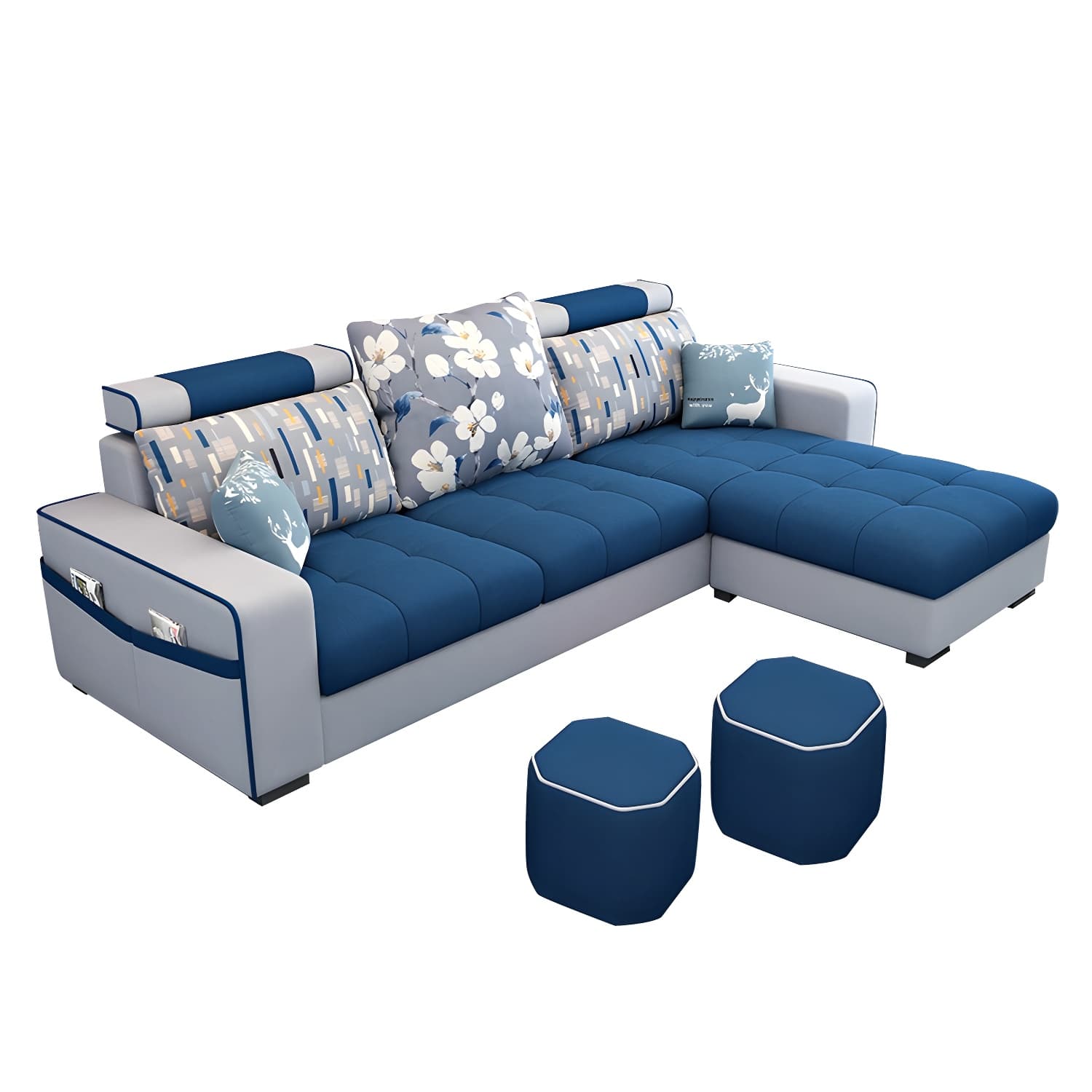 Modern L-Shaped Linen Sectional Sofa with Ottoman and Slipcover, Reversible Design