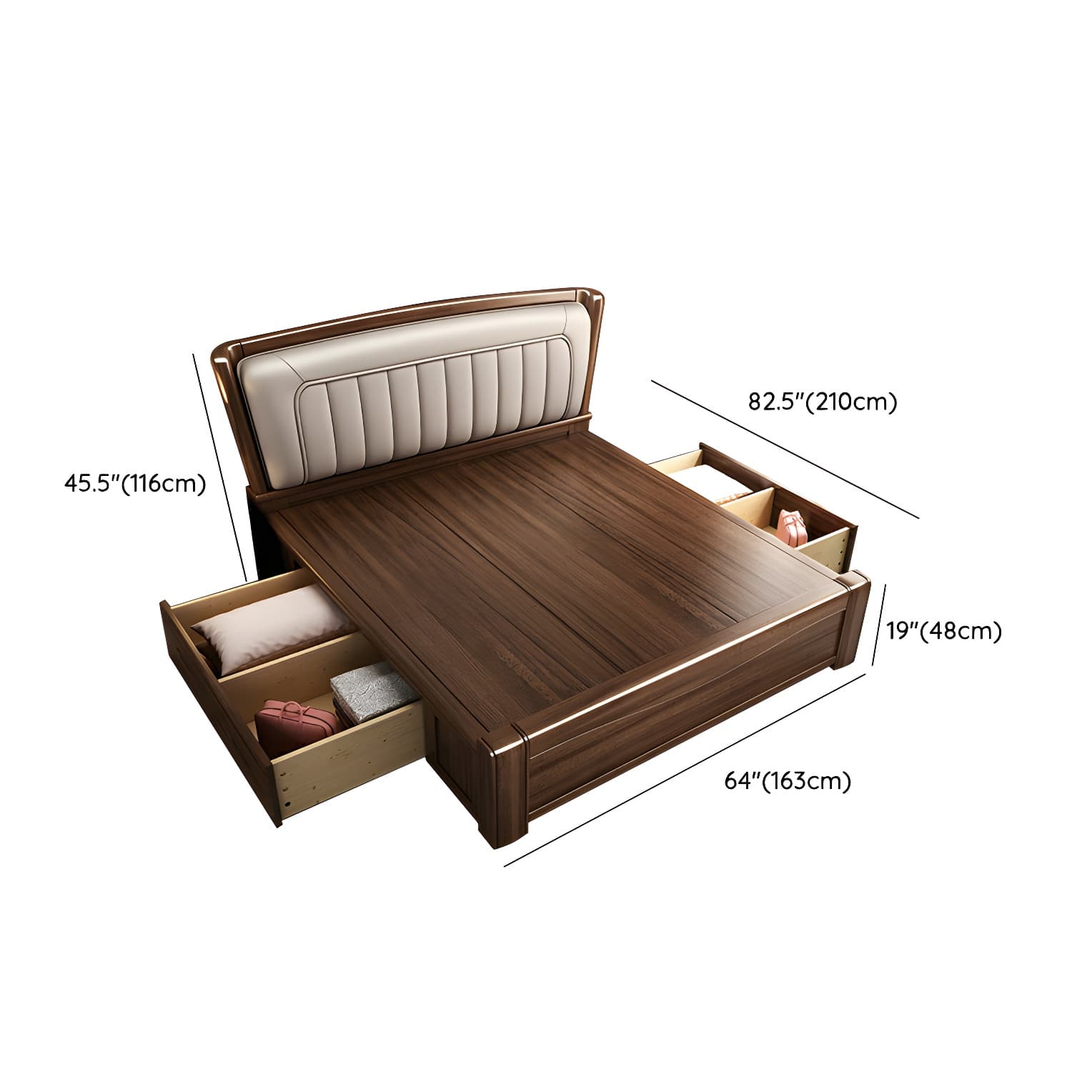 Traditional Walnut Wood Brown Bed with Rectangular Upholstered Headboard for Bedroom - image 11