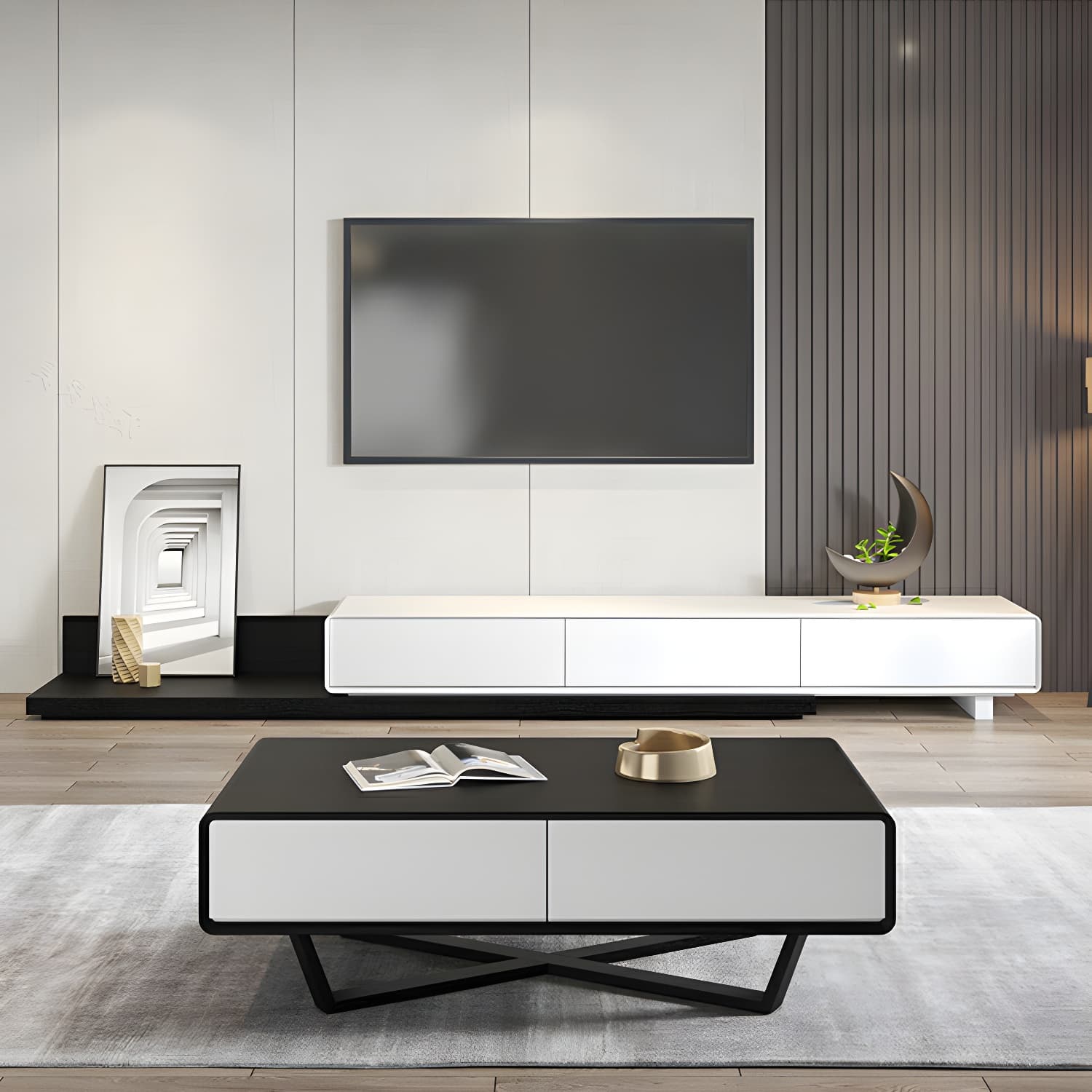 Rectangular Wood Modern Coffee Table with Black Metal Cross Legs and Storage Drawers - image 18