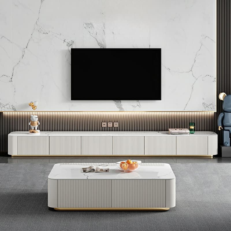 Simple Chalk Sintered Stone Rectangular TV Stand with 6-Drawer/4 Drawers/3-Drawer & Cable Management
