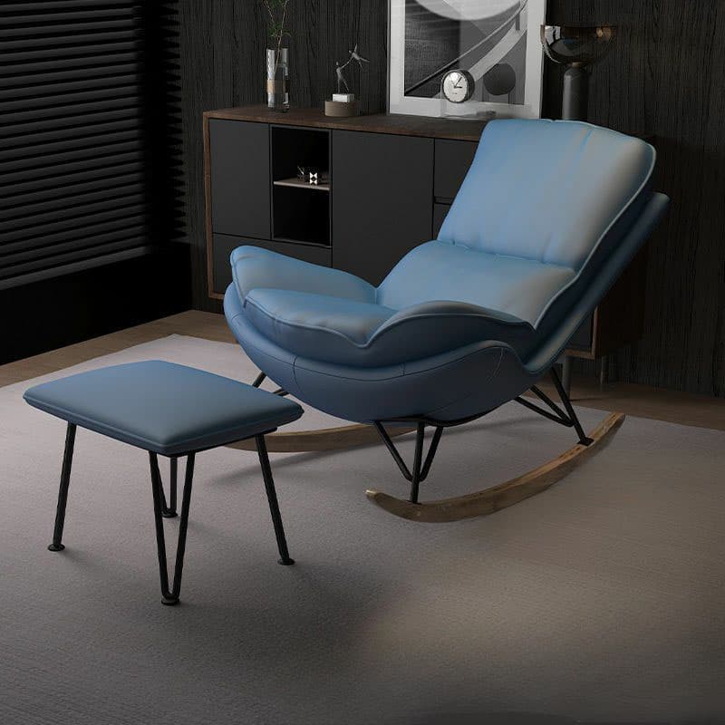 Modern Upholstered Rocking Chair with Natural Wood Legs and Arms, Complete with Ottoman