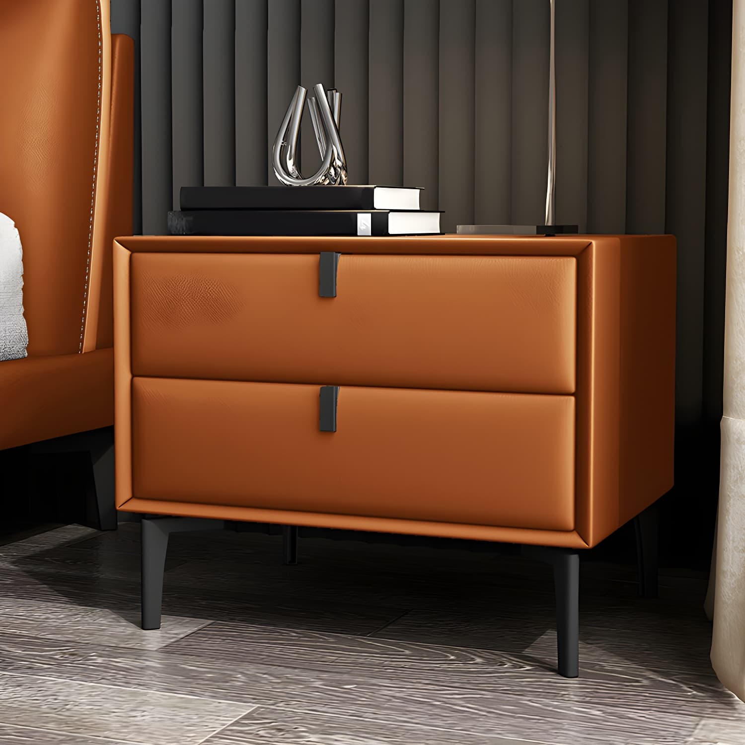 Pine Frame Two Drawers Leather Multicolor Choice of Black Table Foot Nightstand - image 10