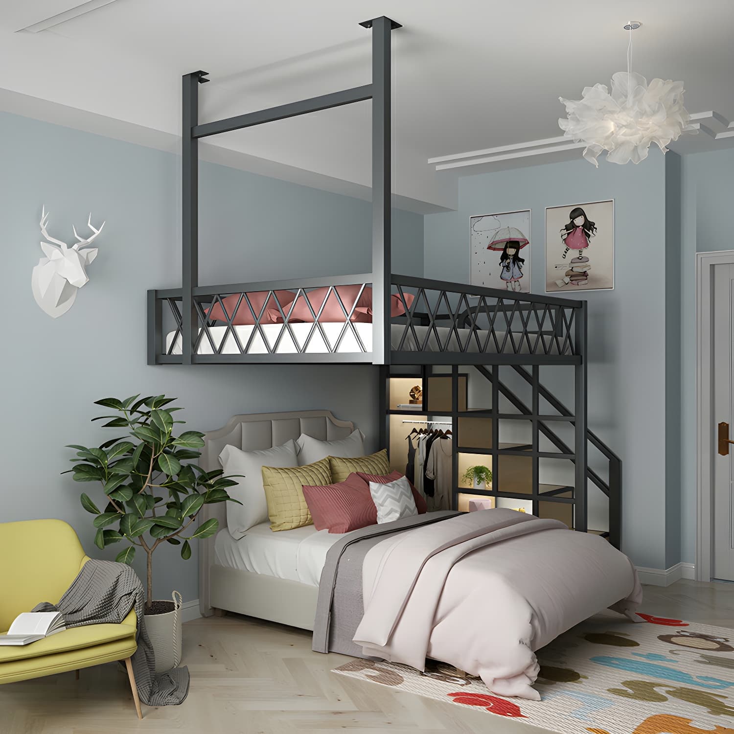 Modern Wood/Metal Bed with Light Wood Tone & Tall Clearance Storage Cabinets - image 3