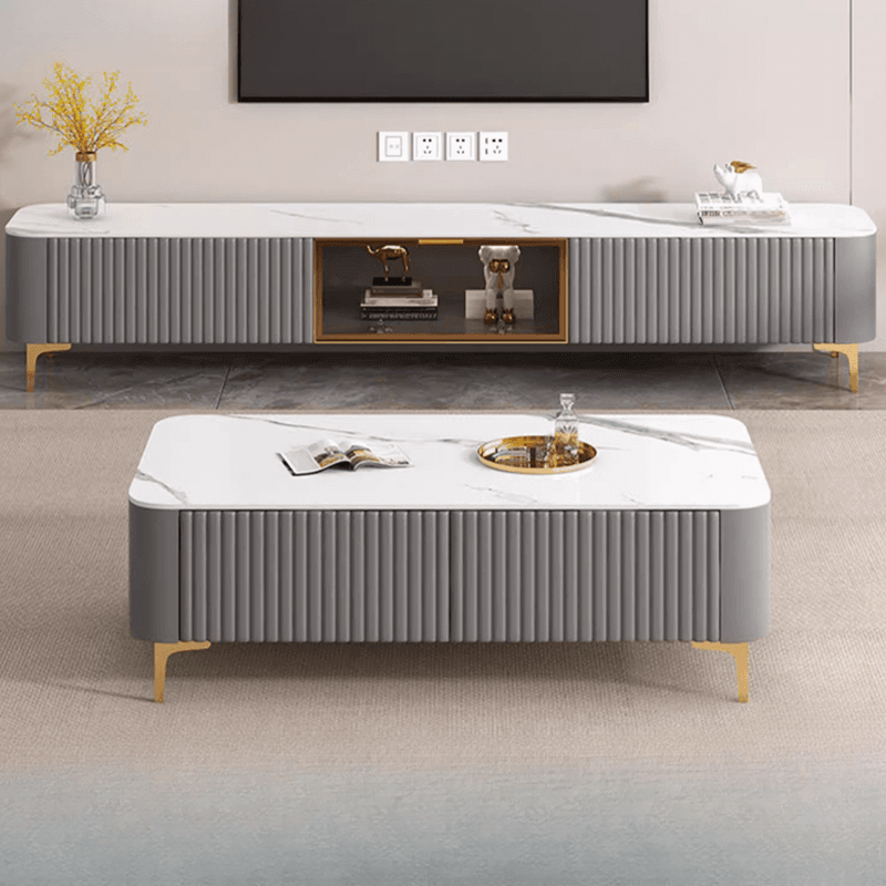 Simplistic Rectangular Vitreous TV Stand with Locker, Cable Management & 2 Drawers - image 5