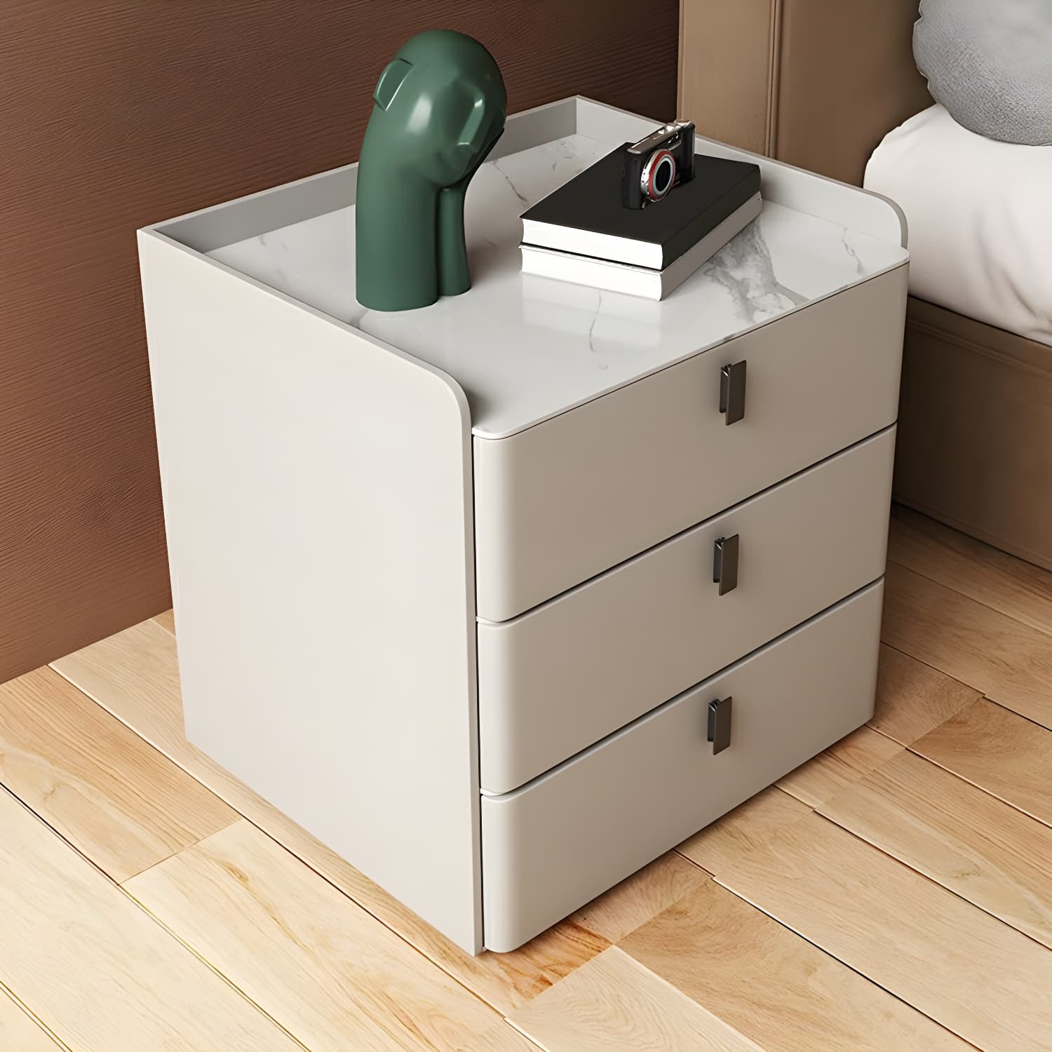 Modern Wood Nightstand with 3 Drawers and Stone Countertop in Small Size - image 13