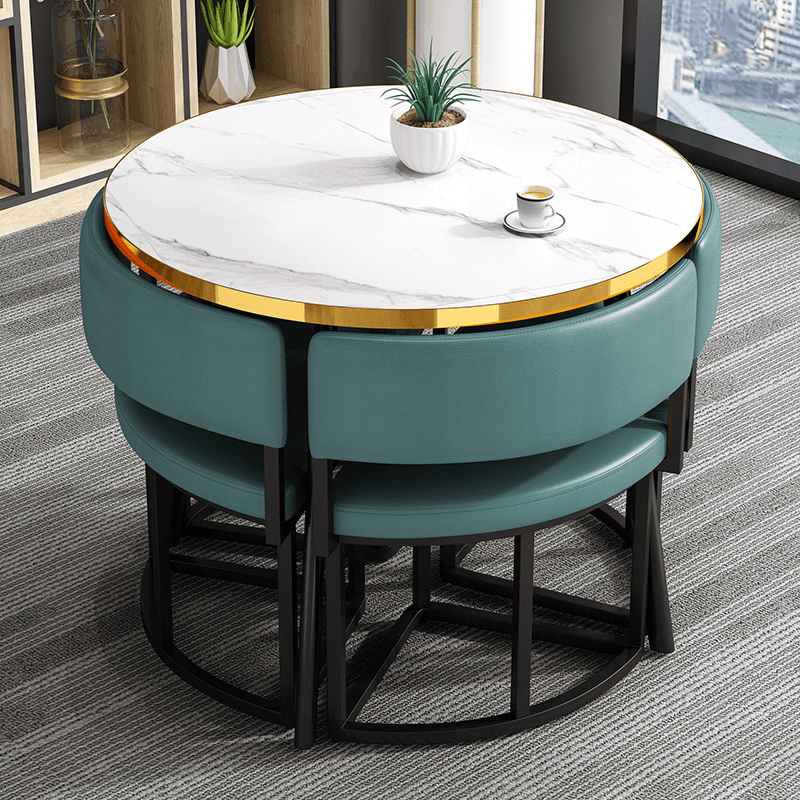 Art Deco Circular-shaped Upholstered Chair Metal & Faux Wood Dining Table Set with Upholstered Back in White, 5 Pieces - image 9