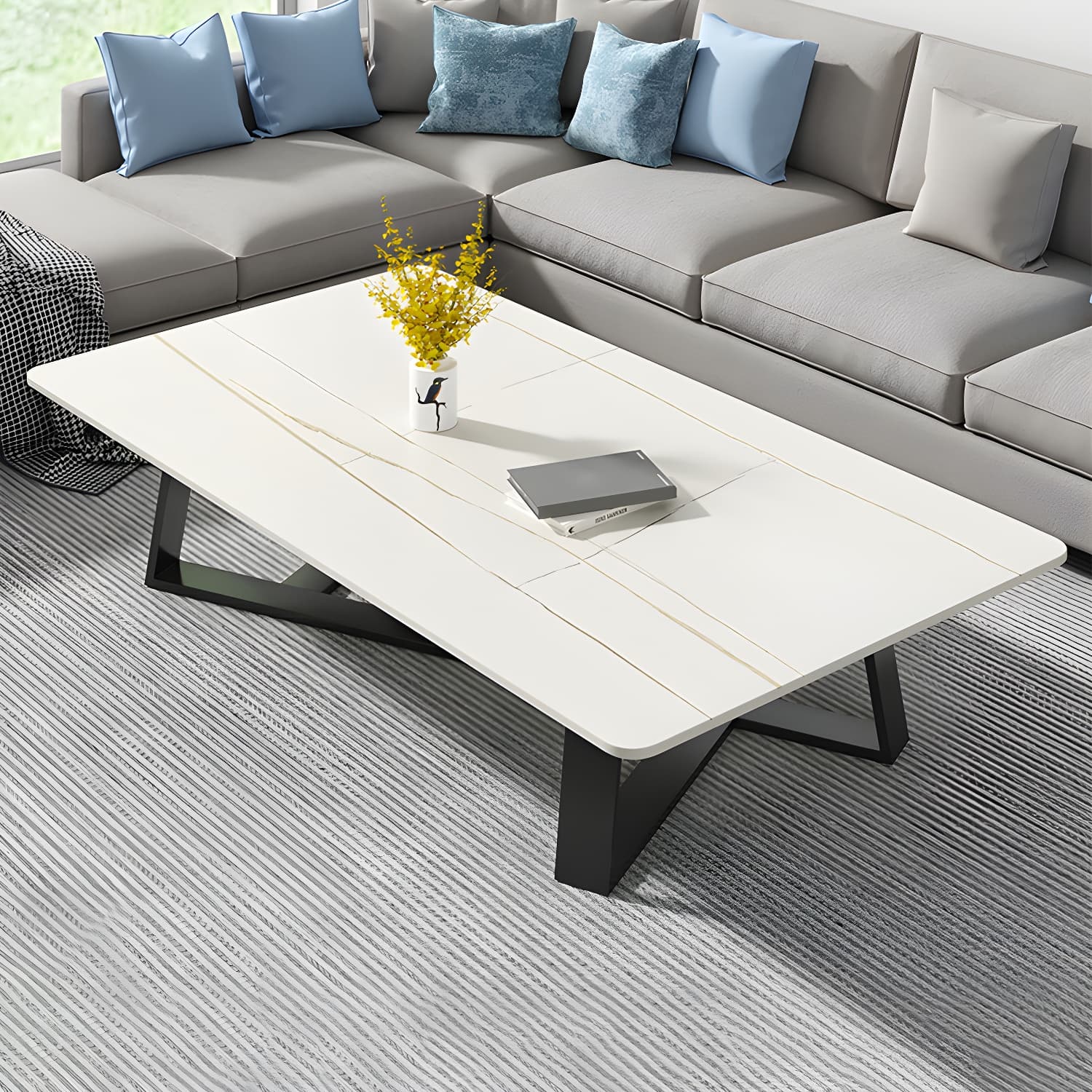 Modern Rectangle Coffee or End Table Stone and Steel Coffee Table with Cross Legs - image 19