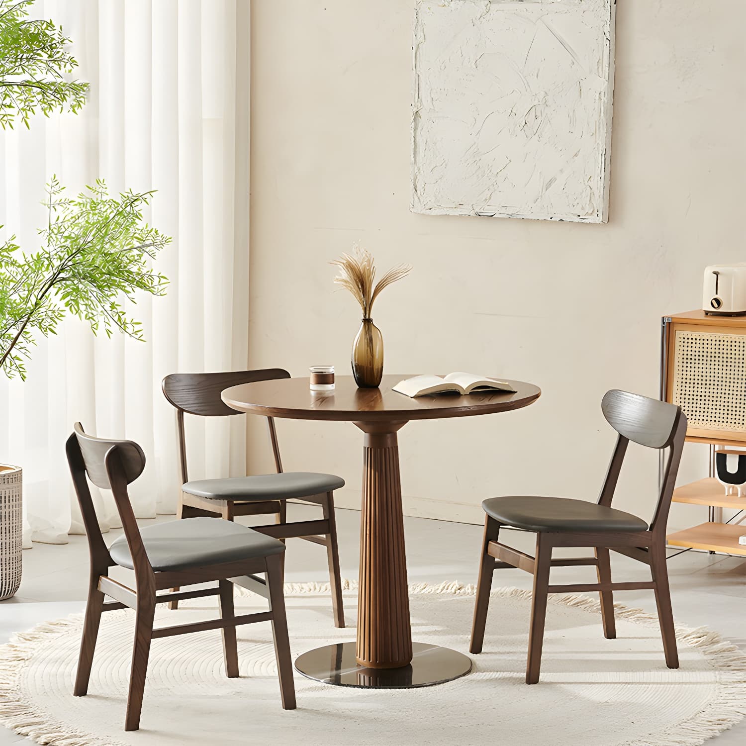 Contemporary Round Brown Ash Top Dining Table with Wood Pedestal