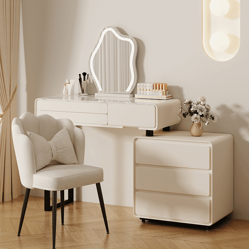 Large/Standard Vanity Set with Stone Table Top, White Seat, 9 Drawers/6 Drawers, Mirror Lights, and Scalable Design