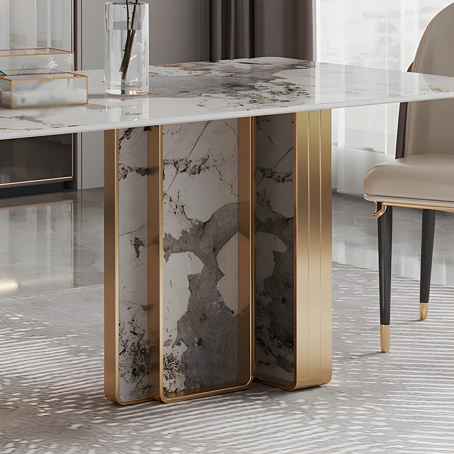 1/4/5/9 Pieces Rectangle Glam Furniture Stone Dining Table Set with Double Pedestal Base - image 9