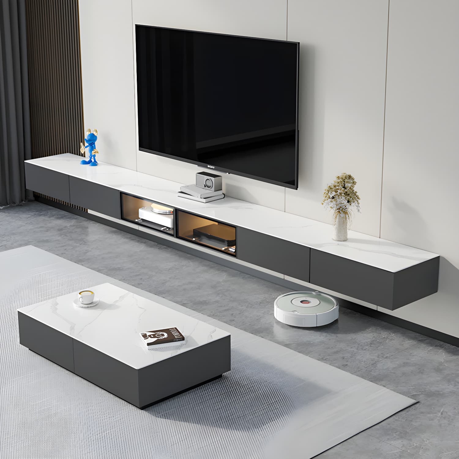 Modern Wall-mounted TV Media Stand Slate Top Wood Frame with Storage