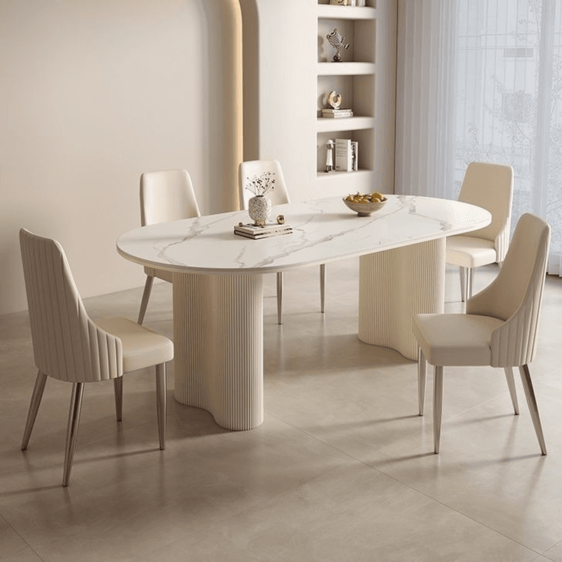 Modern Simple Style Oval Slate Dining Table Set with Dual Footing, Solid Back Panel in Chalk Color