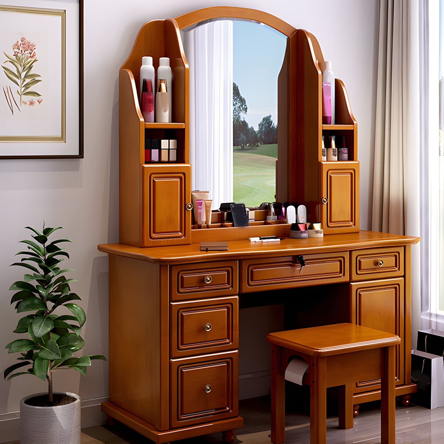 Traditional Solid Wood Makeup Dressing Table 60.23" H Vanity Set with Stool and Mirror - image 9