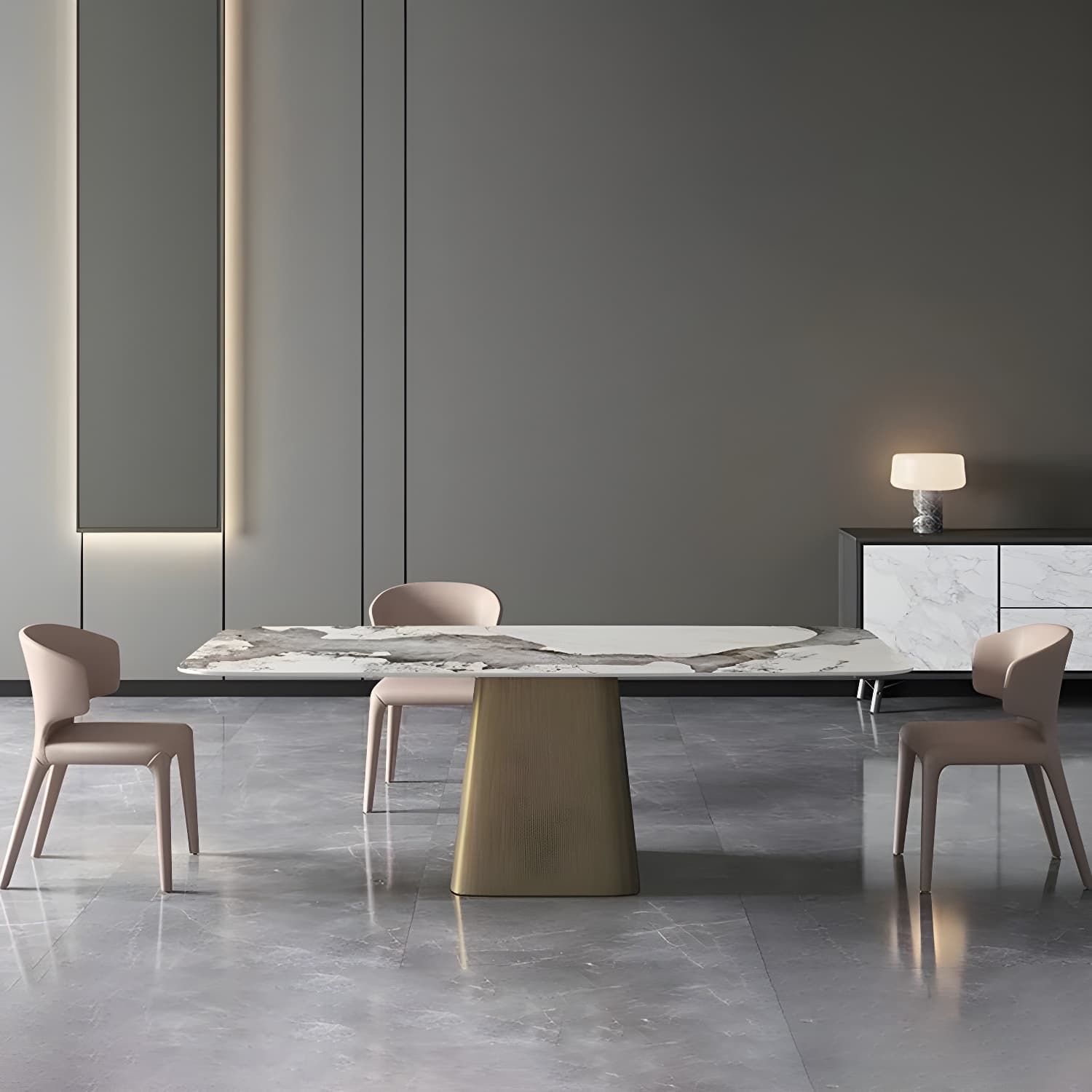 Rectangle White Stone Glam Dining Table with Steel Pedestal Base