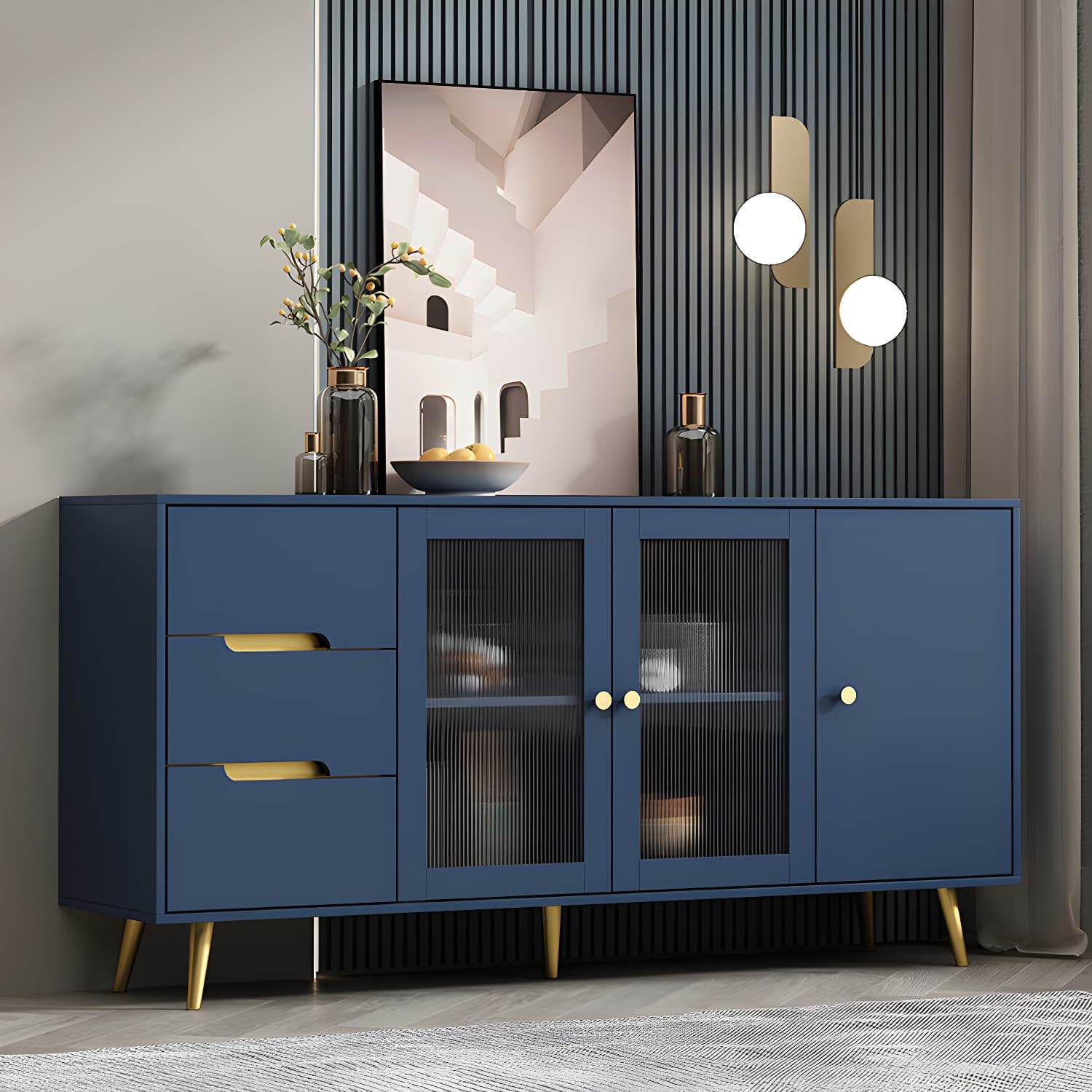 3-Drawer Engineered Wood Sideboard Modern Glass Doors Cabinets Credenza for Living Room - image 6