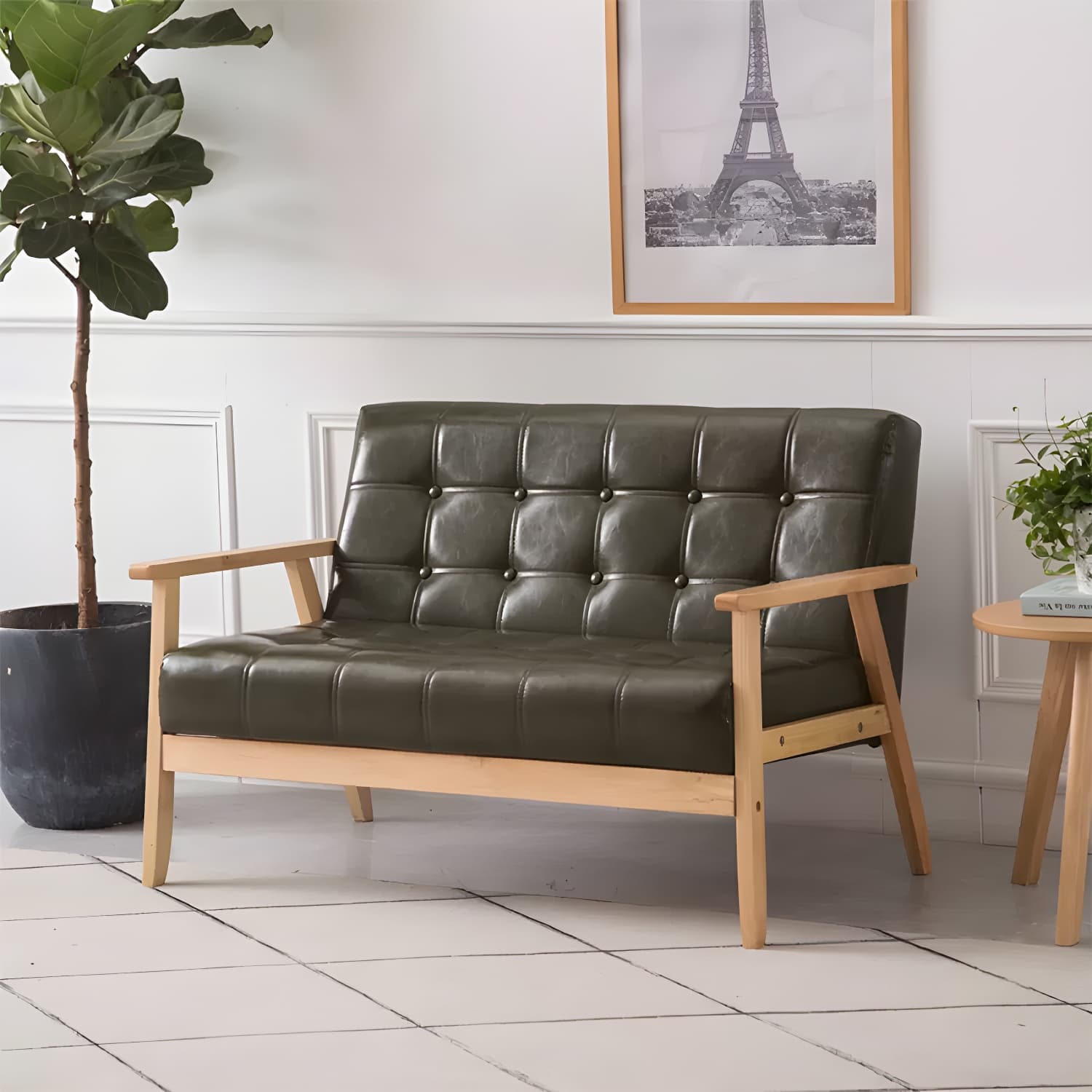 Modern Small Size Leather Sofa with Tufted Back in Solid Color