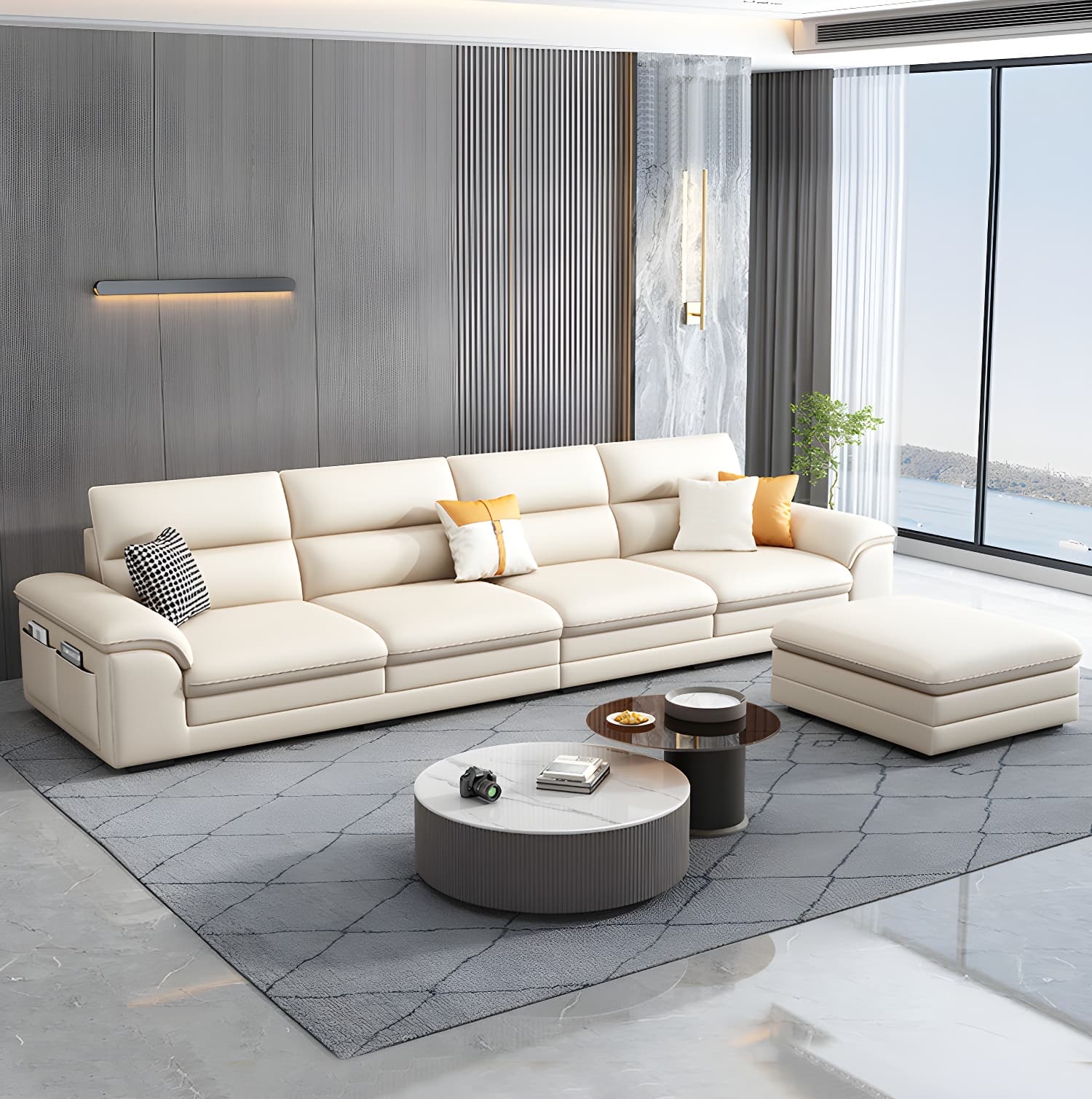 Standard Genuine Leather Sectional, Pillow Top Arm, Cushion Back, Beige, Birch Wood - image 3