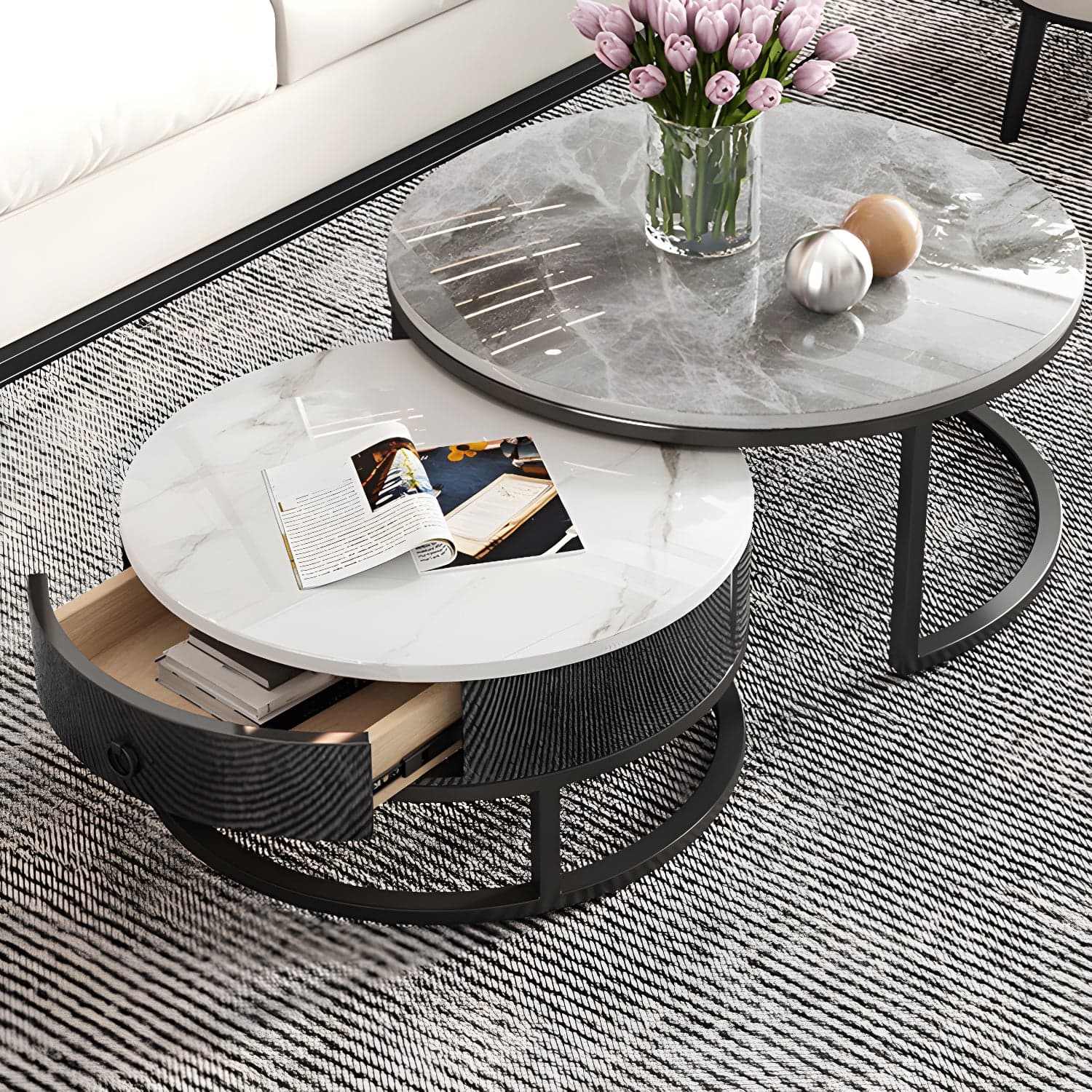 Slate Round Frame Coffee Table Modern Nesting Coffee Table Set with Drawer